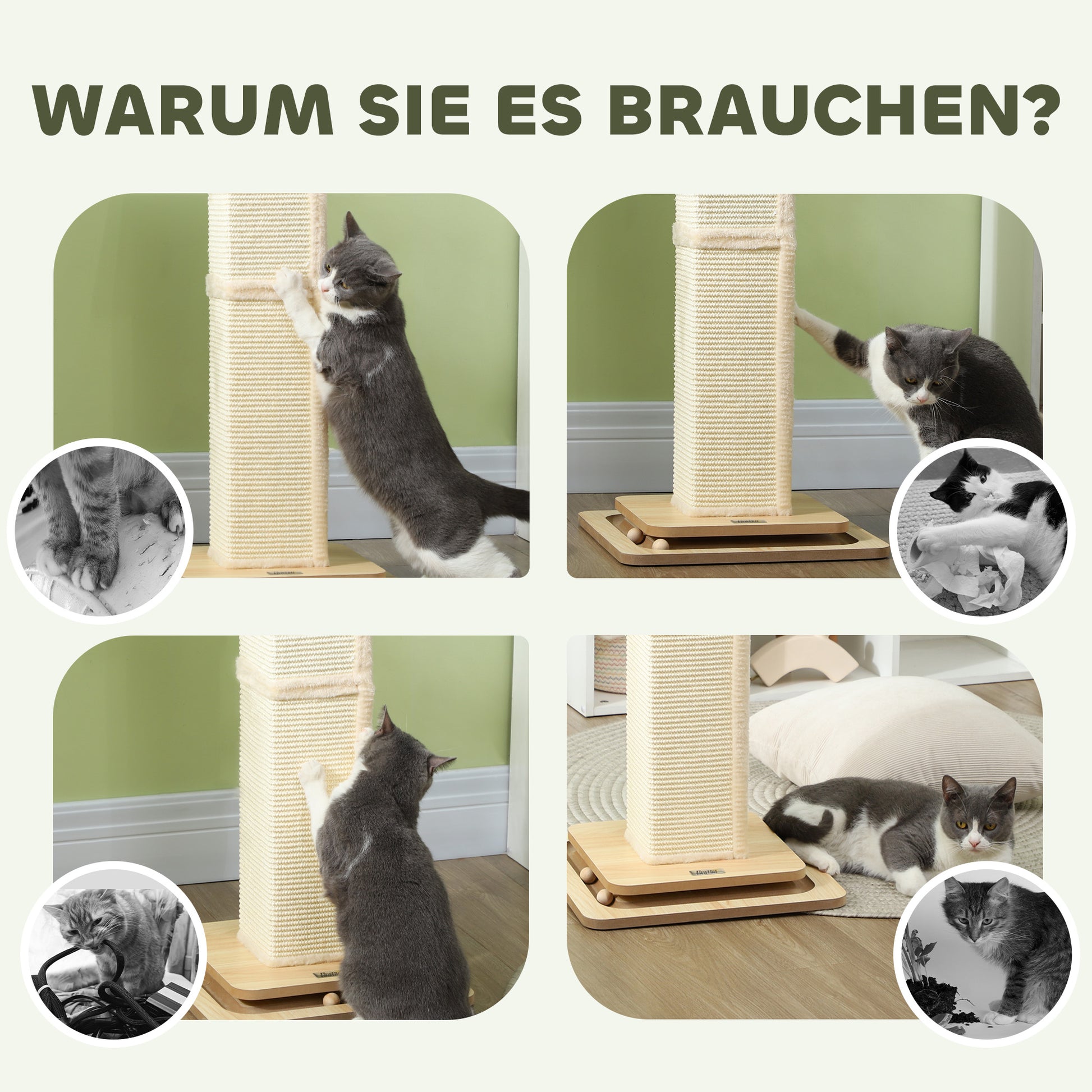 3-in-1 Scratching Post, 87cm Scratching Column, Sisal Cat Scratching Tree with Play Ball, Cat Scratching Furniture, Indoor, Oak