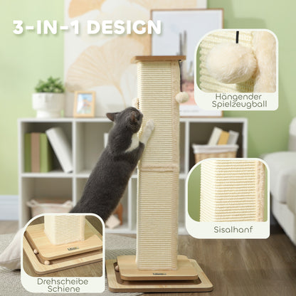 3-in-1 Scratching Post, 87cm Scratching Column, Sisal Cat Scratching Tree with Play Ball, Cat Scratching Furniture, Indoor, Oak