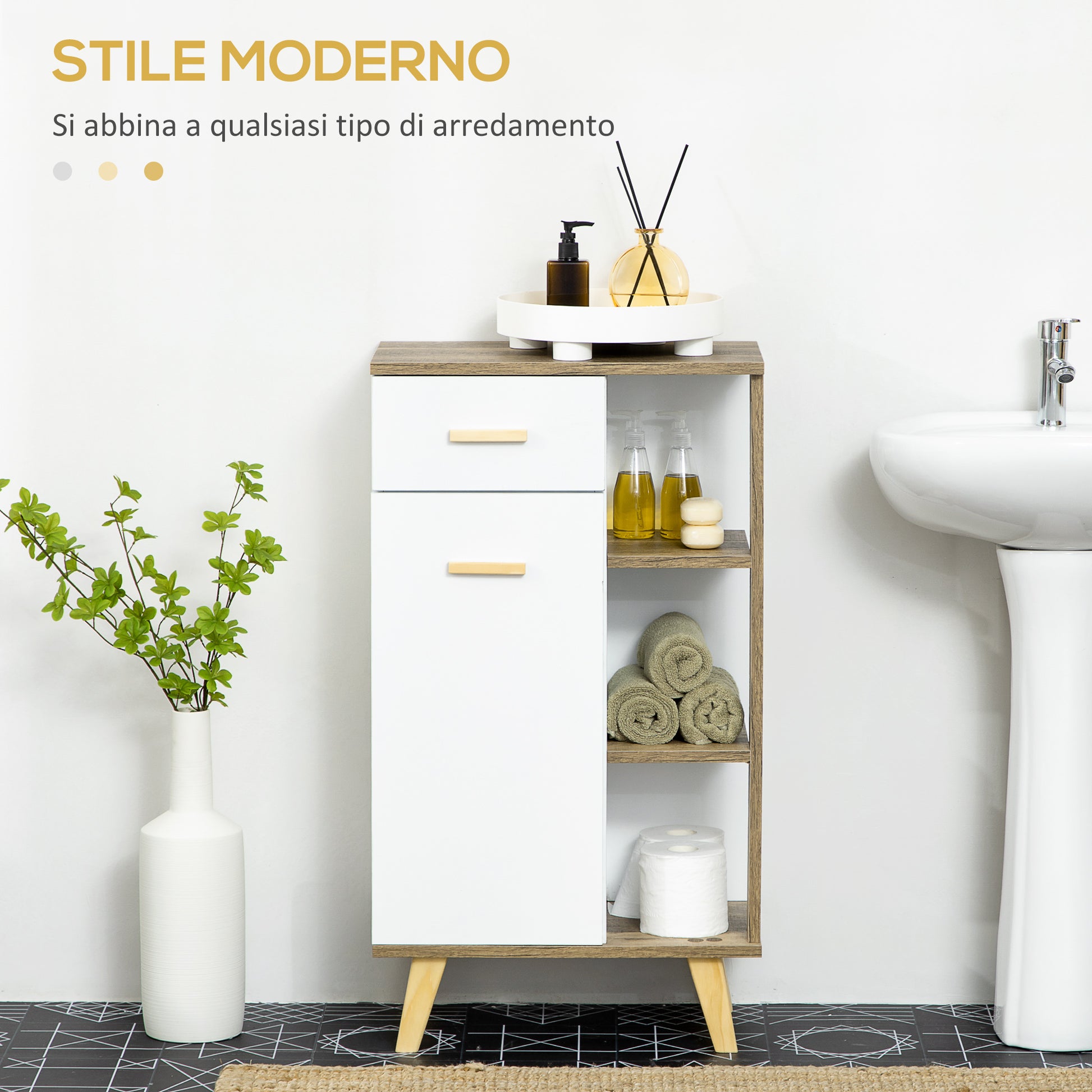 Modern Bathroom Cabinet with Cabinet, Drawer, and Wooden Shelves, Multipurpose Bathroom Cabinet with Raised Base, 50x30x89 cm, White