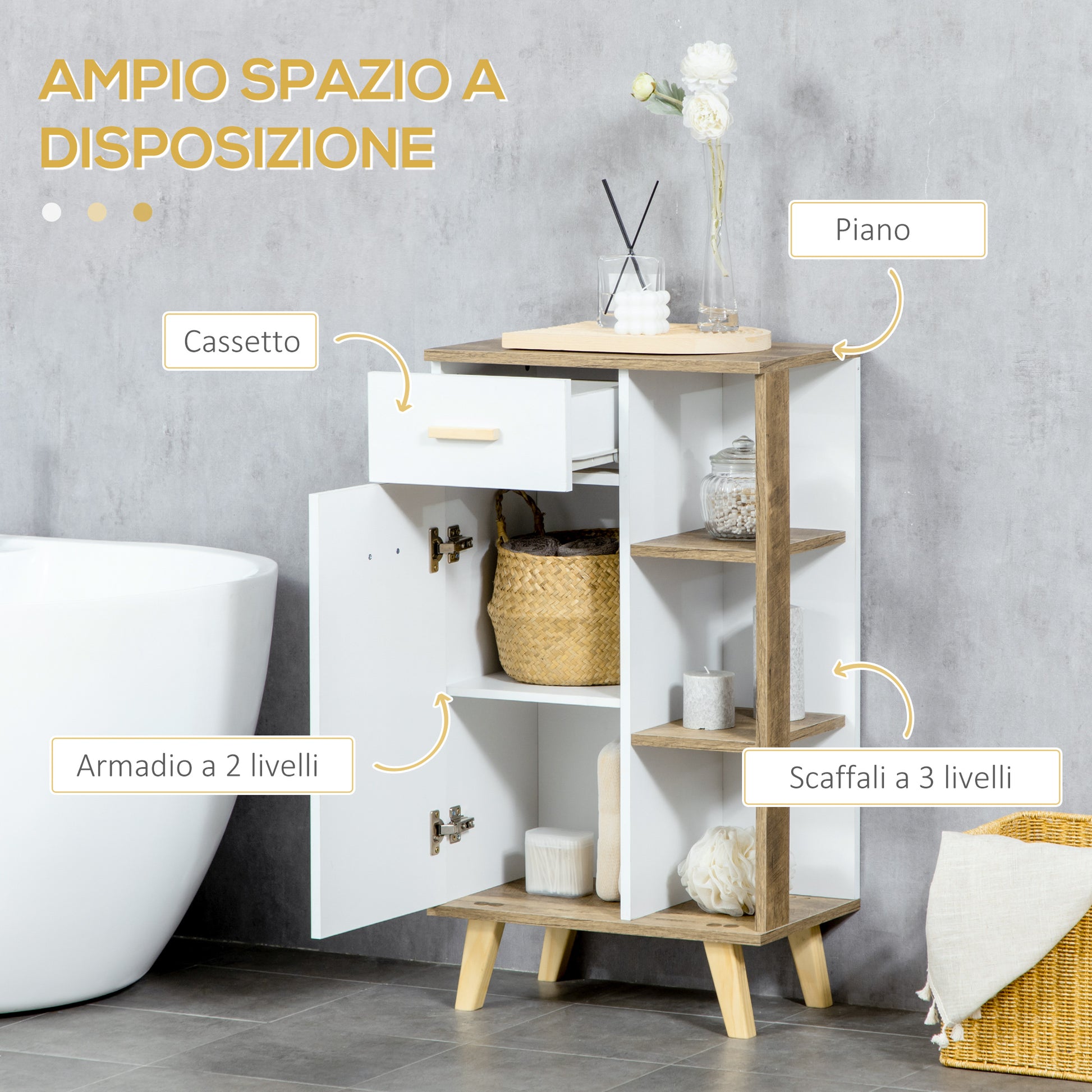 Modern Bathroom Cabinet with Cabinet, Drawer, and Wooden Shelves, Multipurpose Bathroom Cabinet with Raised Base, 50x30x89 cm, White