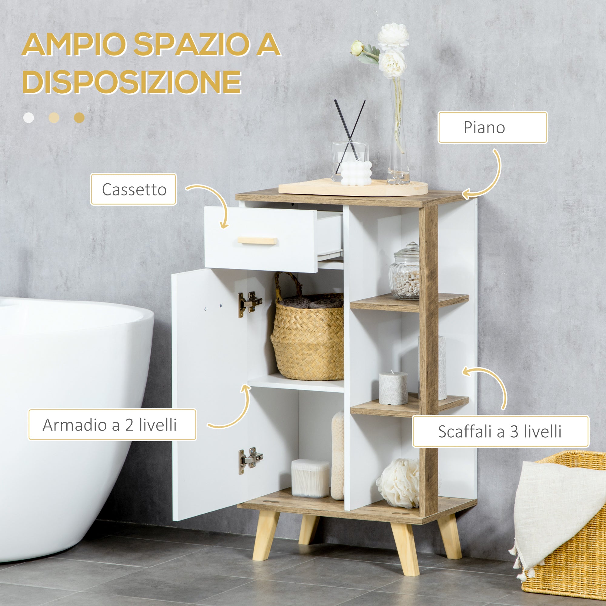 Modern Bathroom Cabinet with Cabinet, Drawer, and Wooden Shelves, Multipurpose Bathroom Cabinet with Raised Base, 50x30x89 cm, White