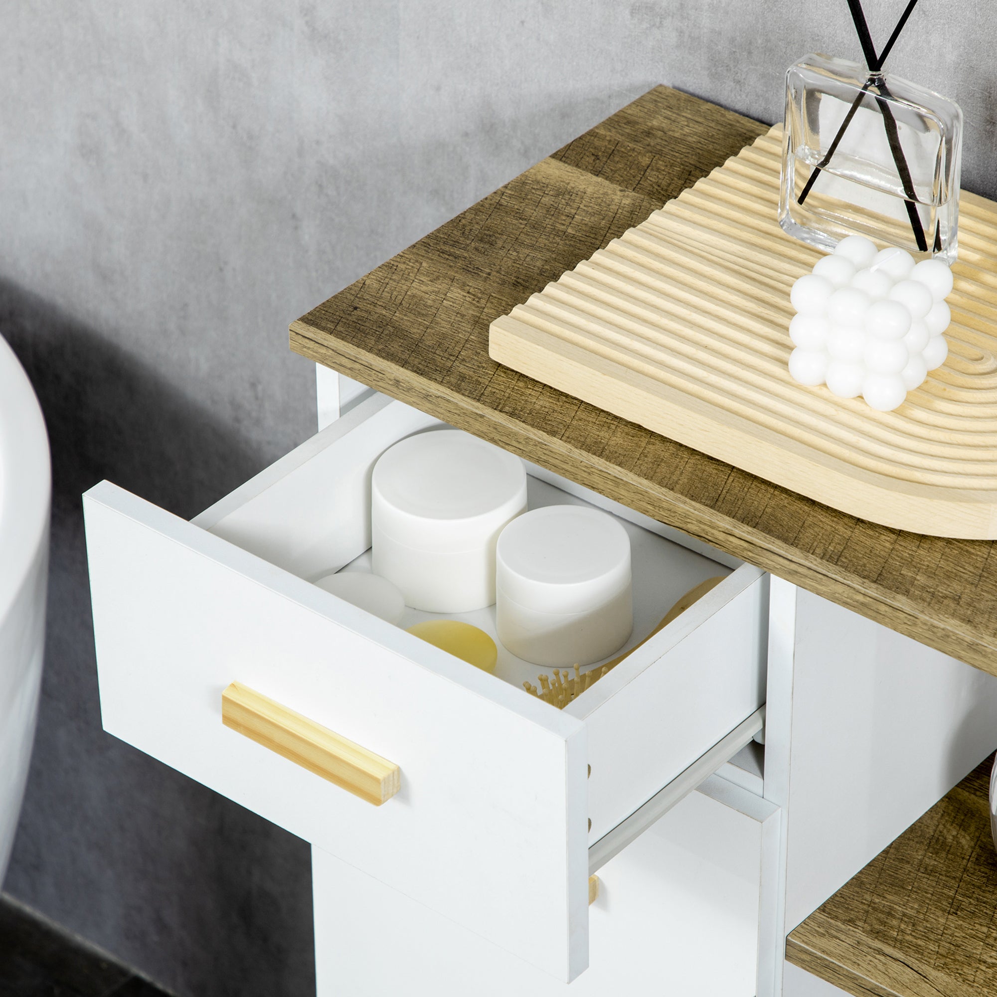 Modern Bathroom Cabinet with Cabinet, Drawer, and Wooden Shelves, Multipurpose Bathroom Cabinet with Raised Base, 50x30x89 cm, White