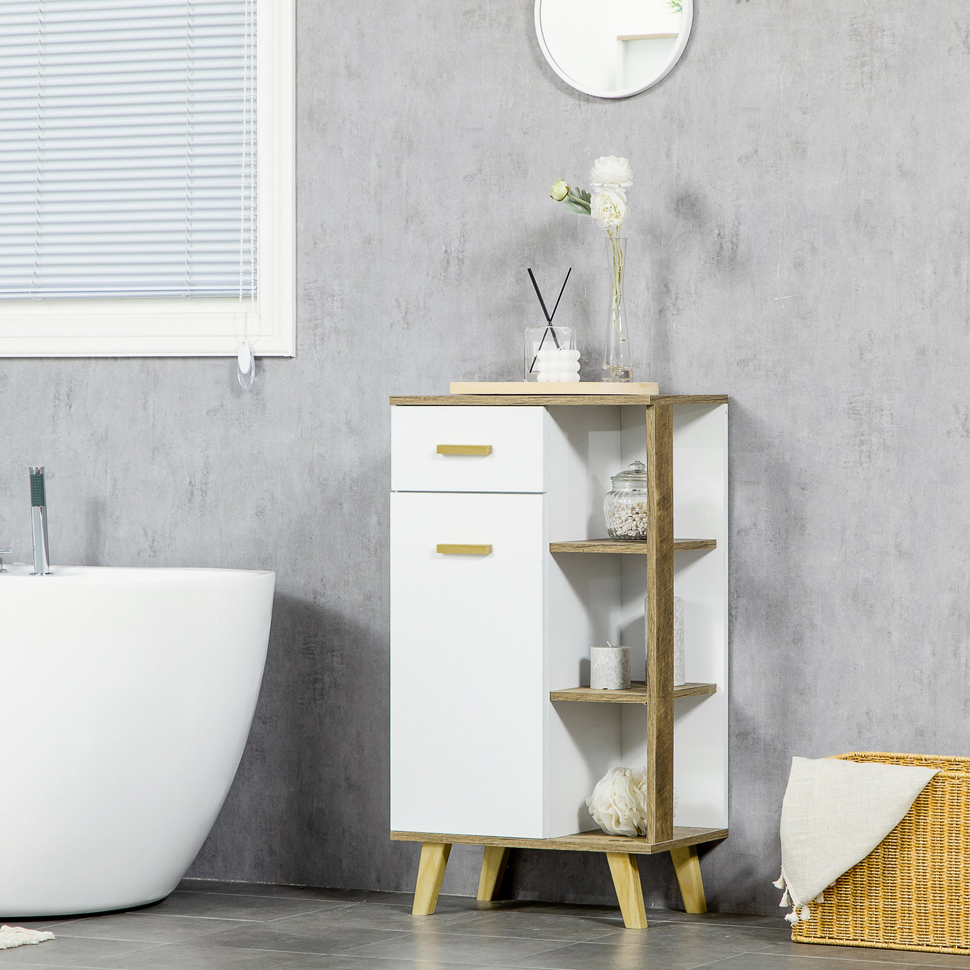 Modern Bathroom Cabinet with Cabinet, Drawer, and Wooden Shelves, Multipurpose Bathroom Cabinet with Raised Base, 50x30x89 cm, White
