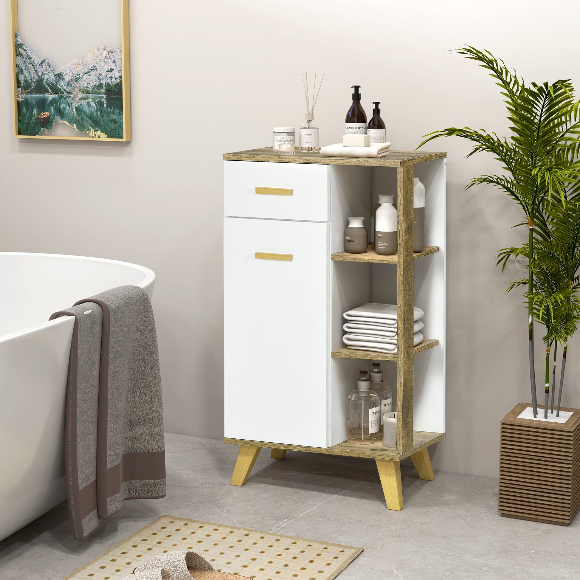 Modern Bathroom Cabinet with Cabinet, Drawer, and Wooden Shelves, Multipurpose Bathroom Cabinet with Raised Base, 50x30x89 cm, White