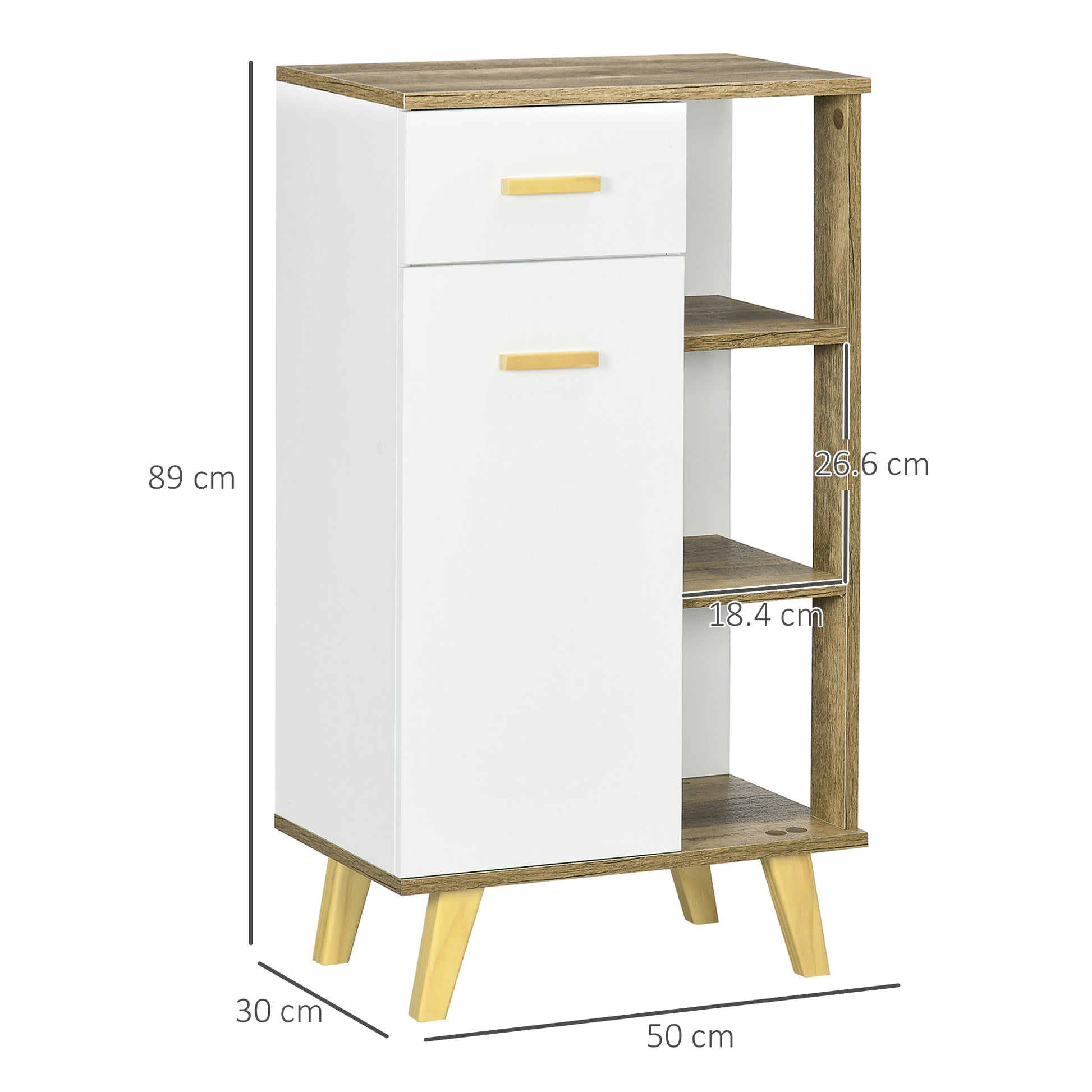 Modern Bathroom Cabinet with Cabinet, Drawer, and Wooden Shelves, Multipurpose Bathroom Cabinet with Raised Base, 50x30x89 cm, White