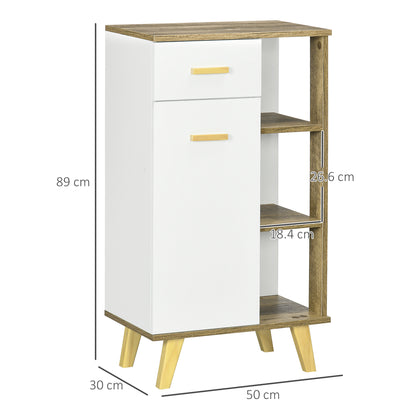 Modern Bathroom Cabinet with Cabinet, Drawer, and Wooden Shelves, Multipurpose Bathroom Cabinet with Raised Base, 50x30x89 cm, White