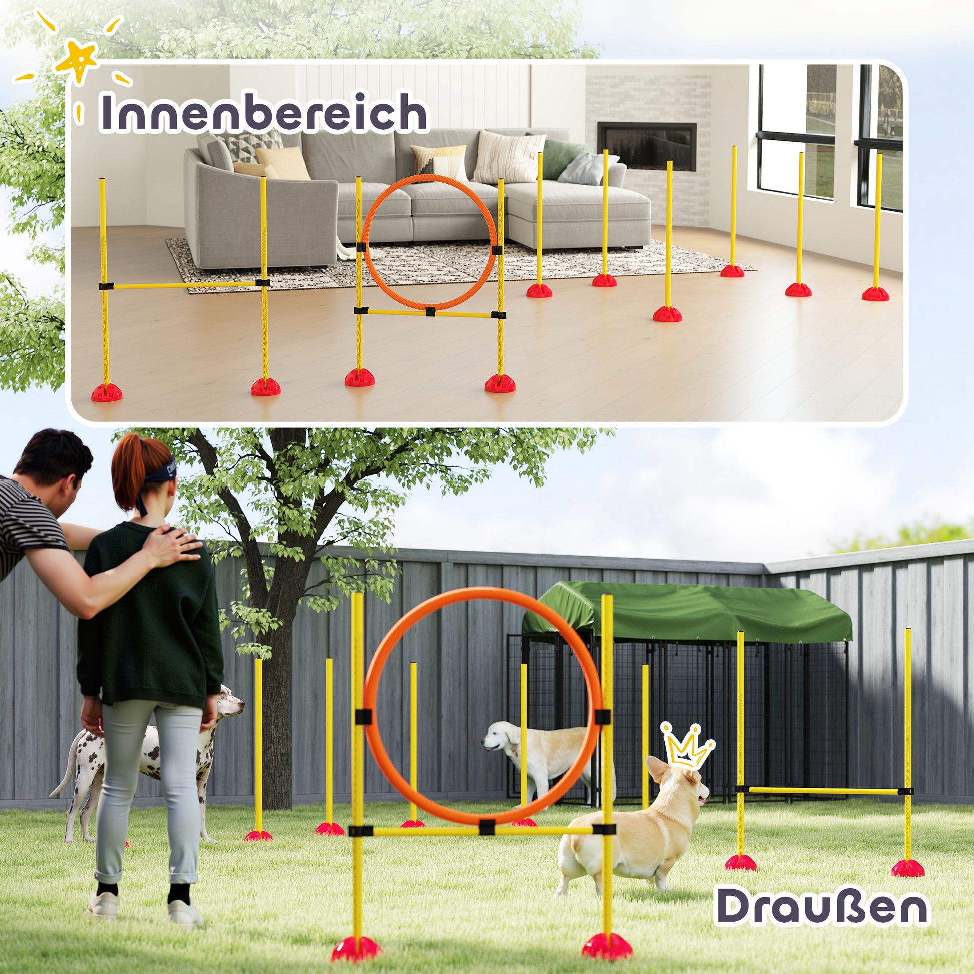 Agility Set Dogs 3-Piece Fillable Agility Equipment for Dog Training Jump Hurdle Set with Adjustable Slalom Poles Hurdles Jump Ring Coordination Training Games Training