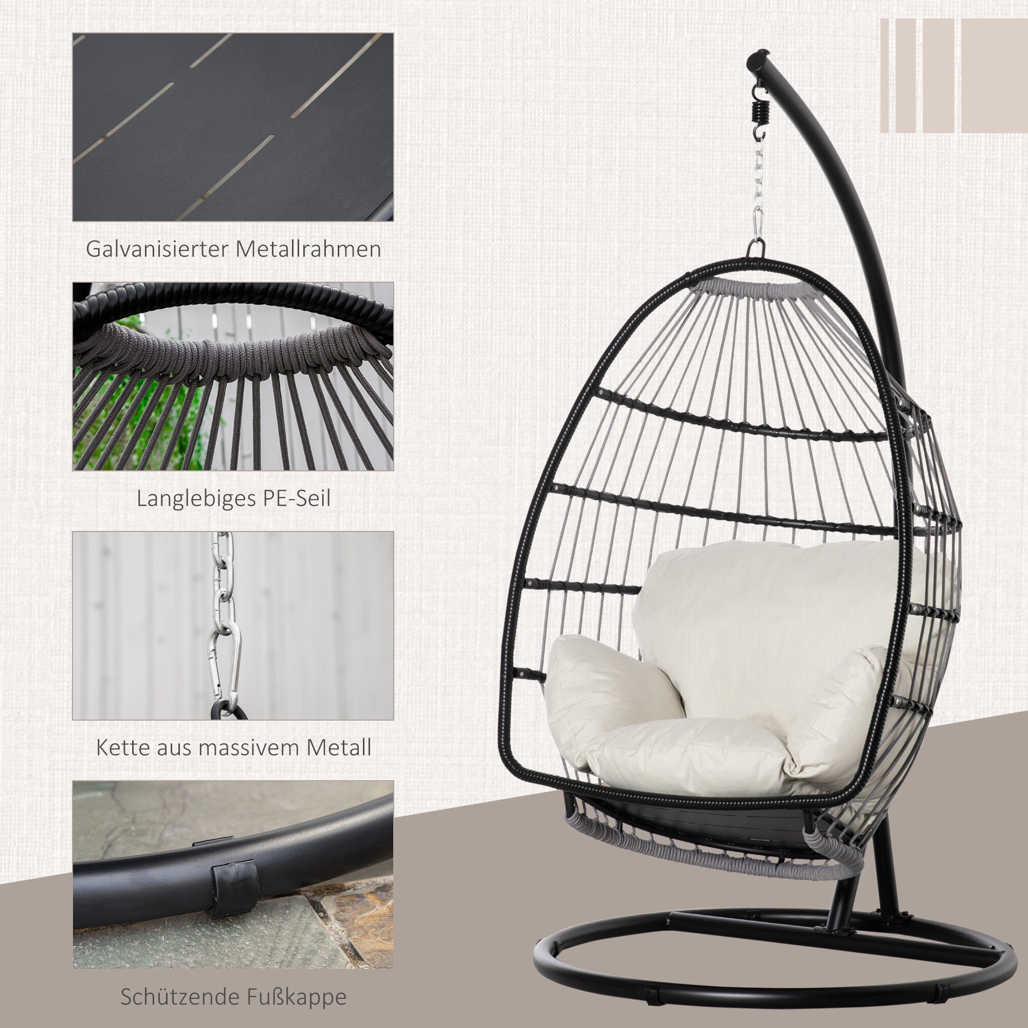 Hanging Chair Hanging Basket with Stand Hanging Swing Hanging Chair with Cushion Basket Foldable Metal Black+Cream White 101 x 101 x 188 cm
