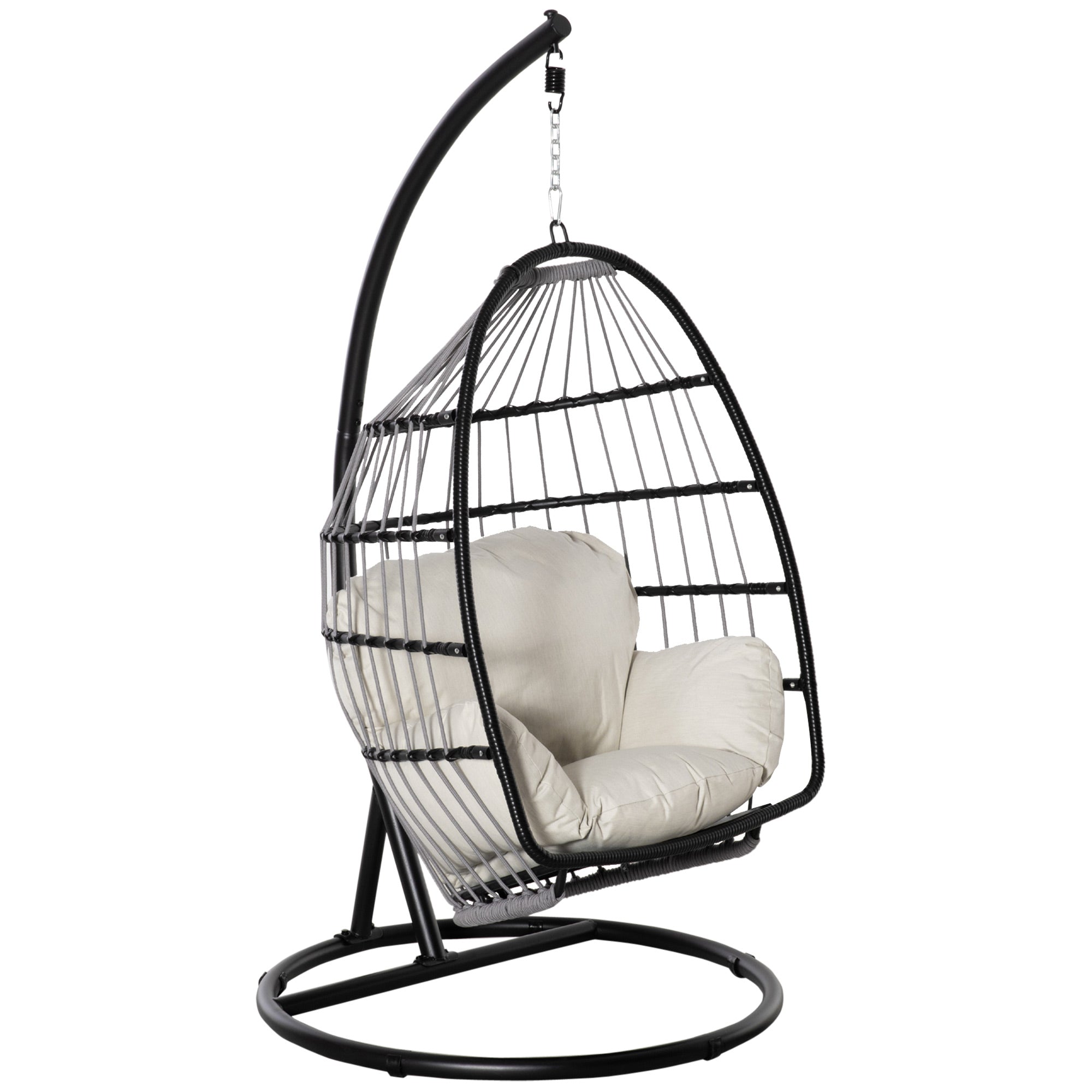Hanging Chair Hanging Basket with Stand Hanging Swing Hanging Chair with Cushion Basket Foldable Metal Black+Cream White 101 x 101 x 188 cm