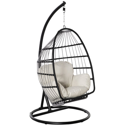 Hanging Chair Hanging Basket with Stand Hanging Swing Hanging Chair with Cushion Basket Foldable Metal Black+Cream White 101 x 101 x 188 cm