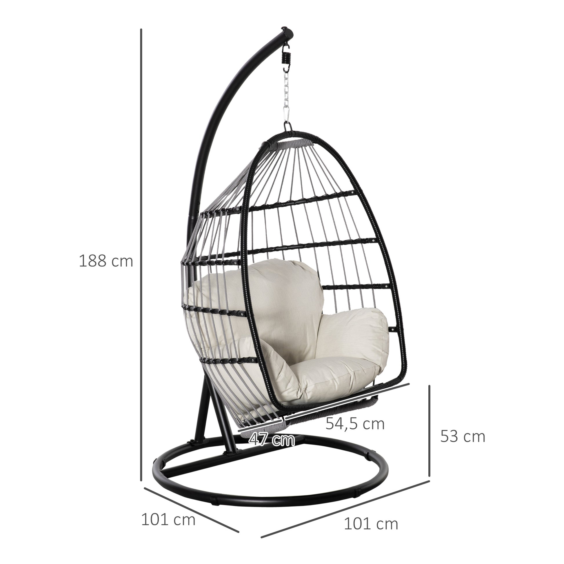 Hanging Chair Hanging Basket with Stand Hanging Swing Hanging Chair with Cushion Basket Foldable Metal Black+Cream White 101 x 101 x 188 cm