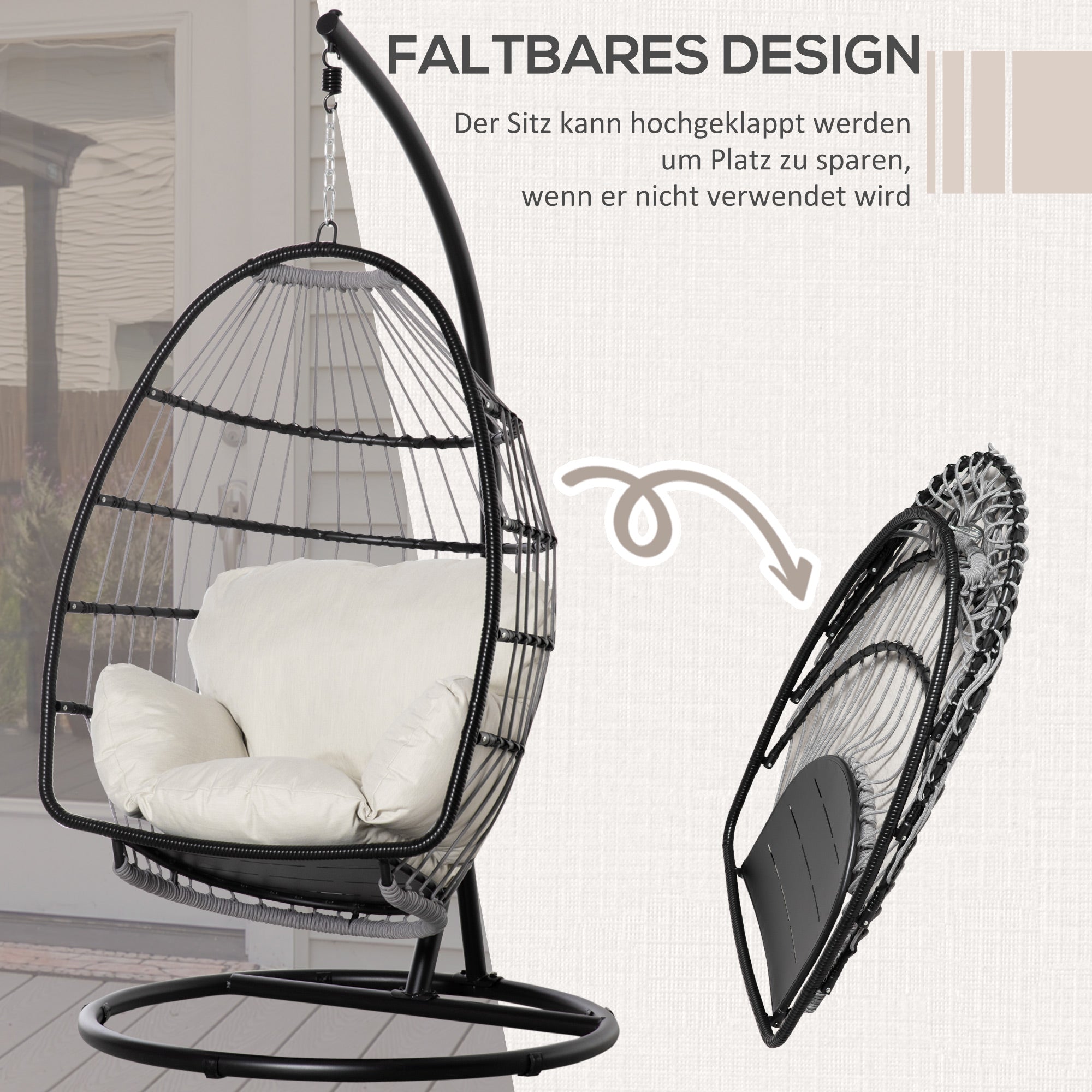 Hanging Chair Hanging Basket with Stand Hanging Swing Hanging Chair with Cushion Basket Foldable Metal Black+Cream White 101 x 101 x 188 cm