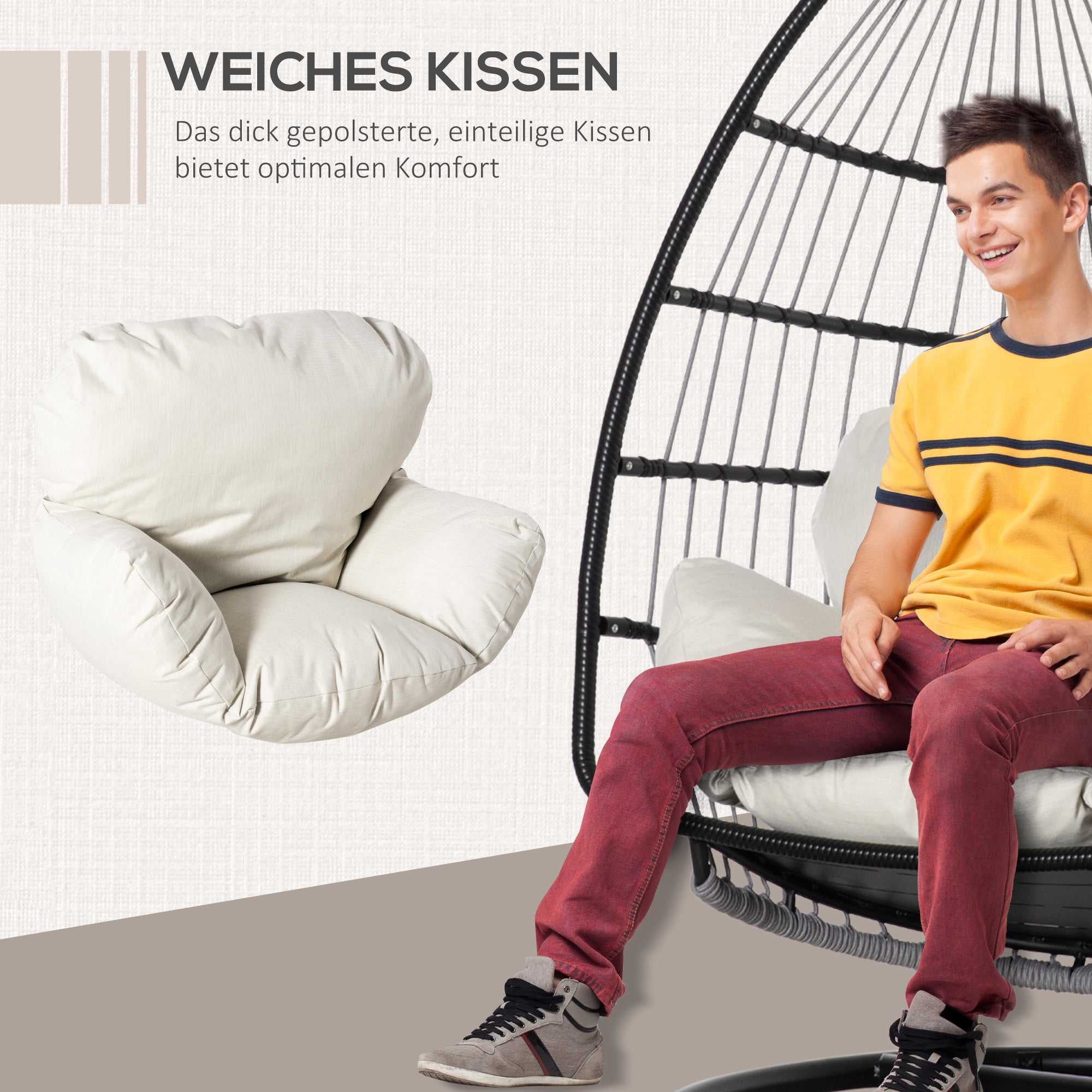 Hanging Chair Hanging Basket with Stand Hanging Swing Hanging Chair with Cushion Basket Foldable Metal Black+Cream White 101 x 101 x 188 cm