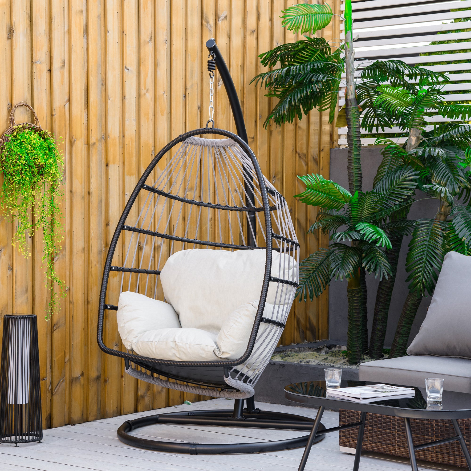 Hanging Chair Hanging Basket with Stand Hanging Swing Hanging Chair with Cushion Basket Foldable Metal Black+Cream White 101 x 101 x 188 cm