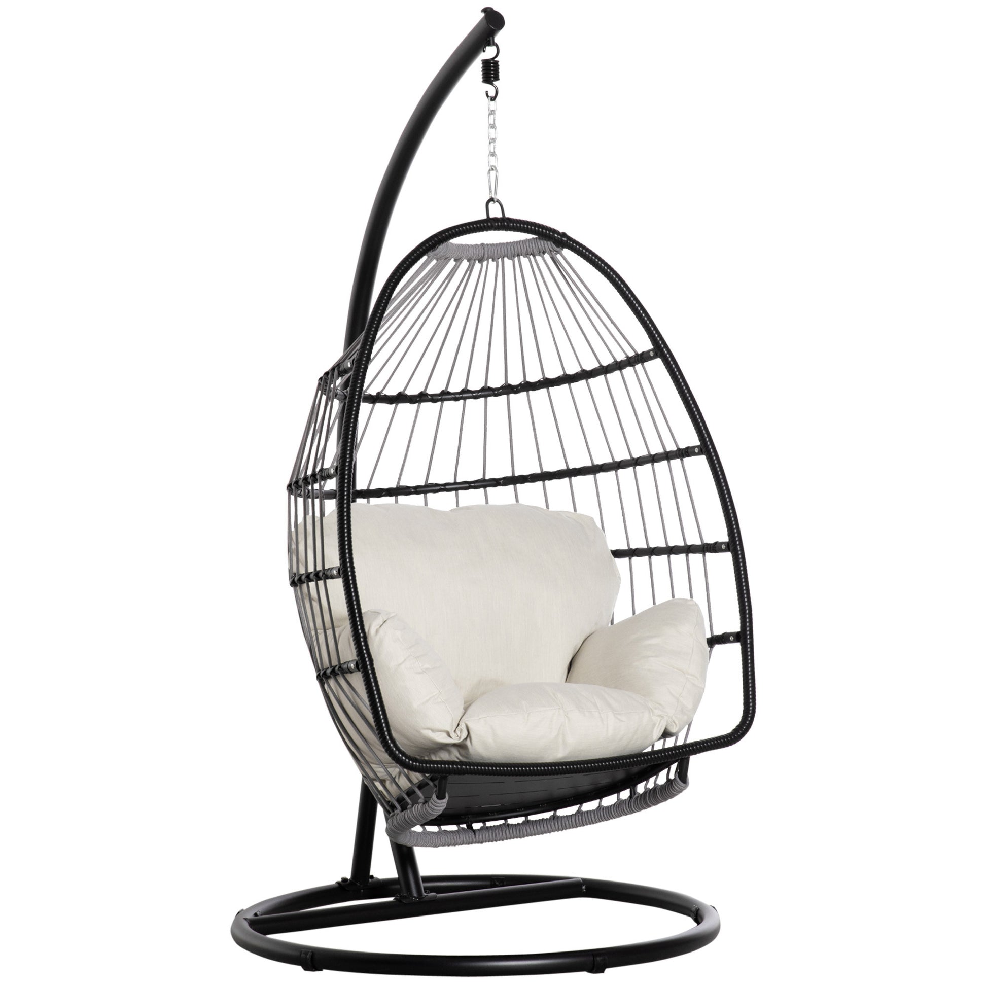 Hanging Chair Hanging Basket with Stand Hanging Swing Hanging Chair with Cushion Basket Foldable Metal Black+Cream White 101 x 101 x 188 cm