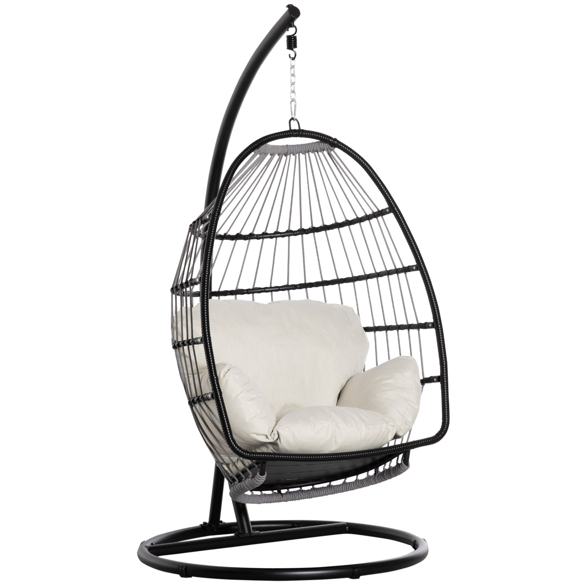 Hanging Chair Hanging Basket with Stand Hanging Swing Hanging Chair with Cushion Basket Foldable Metal Black+Cream White 101 x 101 x 188 cm