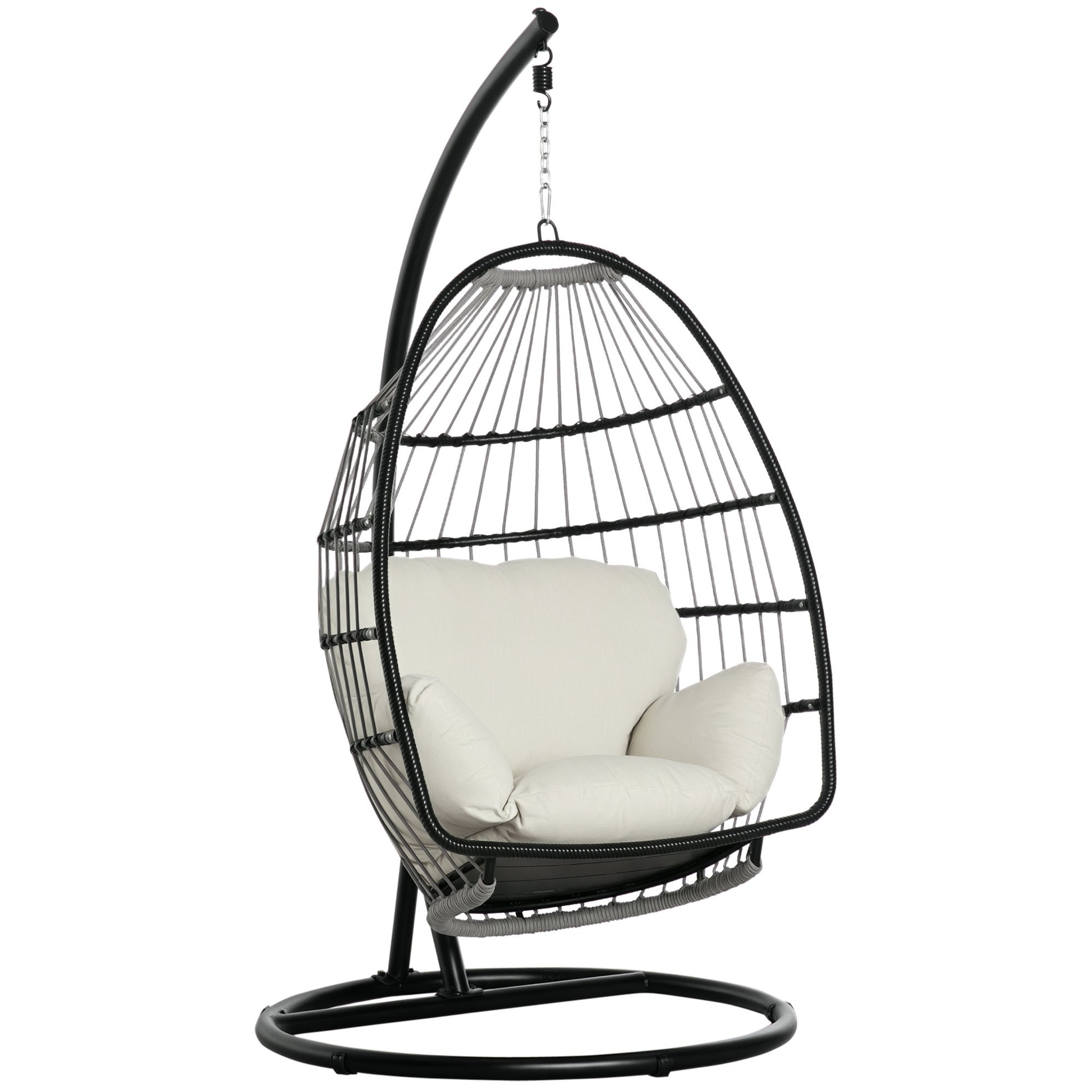 Hanging Chair Hanging Basket with Stand Hanging Swing Hanging Chair with Cushion Basket Foldable Metal Black+Cream White 101 x 101 x 188 cm