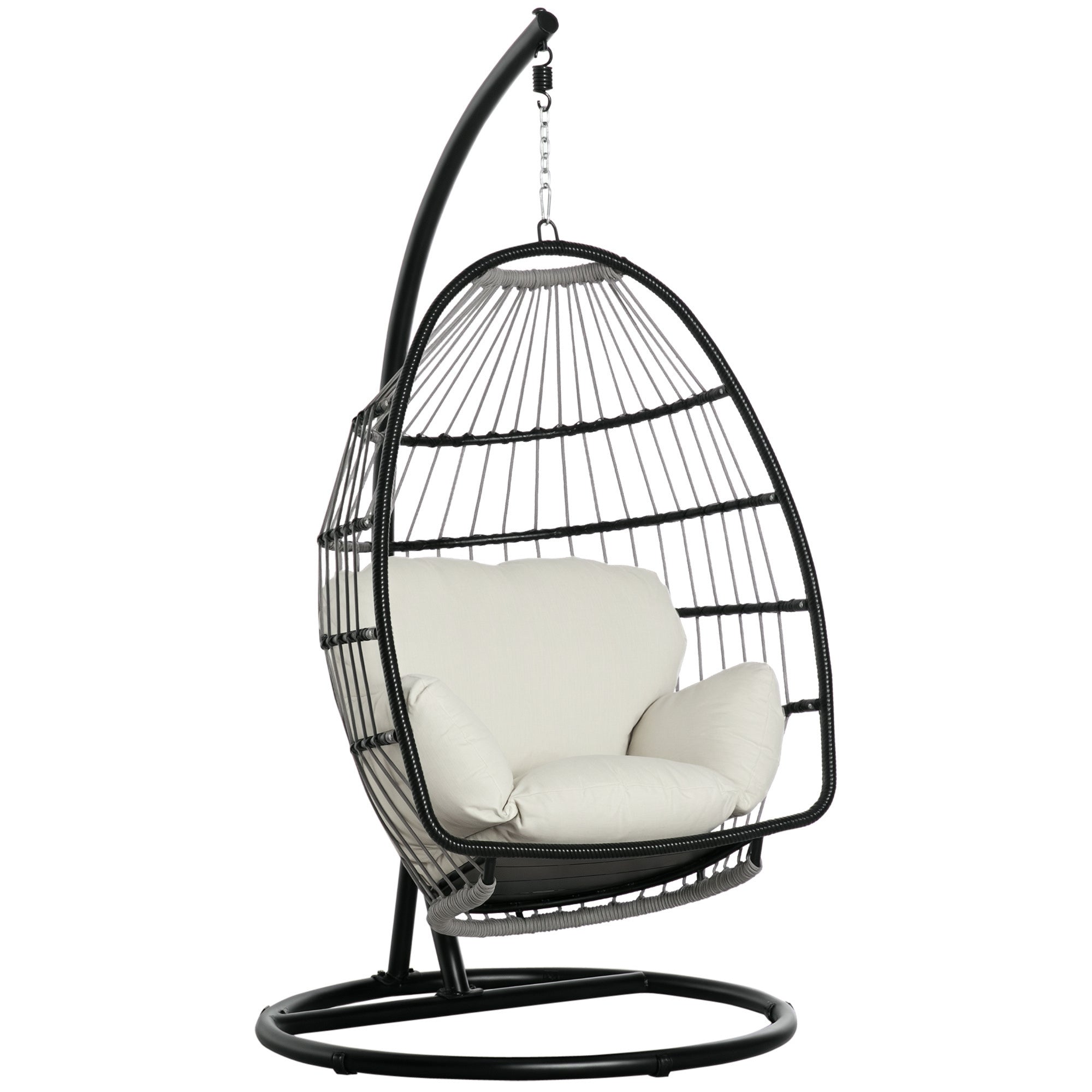 Hanging Chair Hanging Basket with Stand Hanging Swing Hanging Chair with Cushion Basket Foldable Metal Black+Cream White 101 x 101 x 188 cm