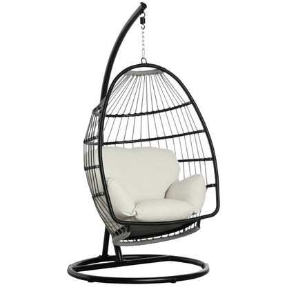 Hanging Chair Hanging Basket with Stand Hanging Swing Hanging Chair with Cushion Basket Foldable Metal Black+Cream White 101 x 101 x 188 cm