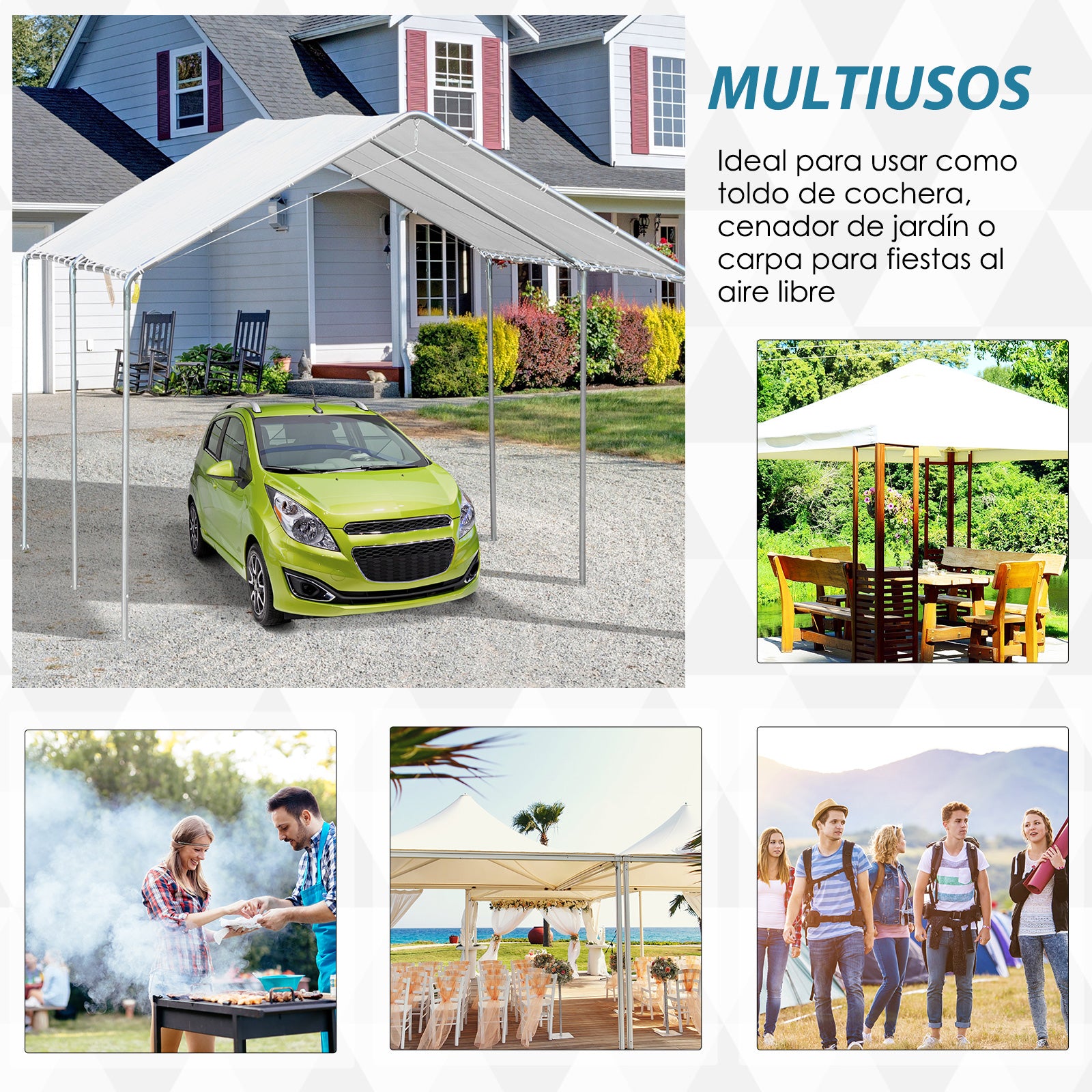 Outdoor Carport 3x6 m Car Garage Waterproof Canopy with PE Fabric Cover and Galvanized Steel Frame Gazebo Pavilion for Garden Patio White