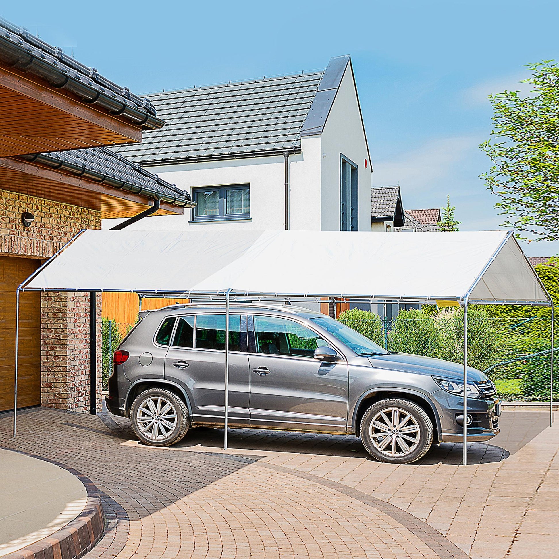 Outdoor Carport 3x6 m Car Garage Waterproof Canopy with PE Fabric Cover and Galvanized Steel Frame Gazebo Pavilion for Garden Patio White