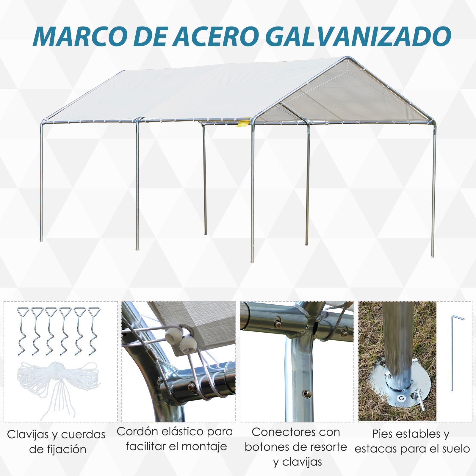 Outdoor Carport 3x6 m Car Garage Waterproof Canopy with PE Fabric Cover and Galvanized Steel Frame Gazebo Pavilion for Garden Patio White