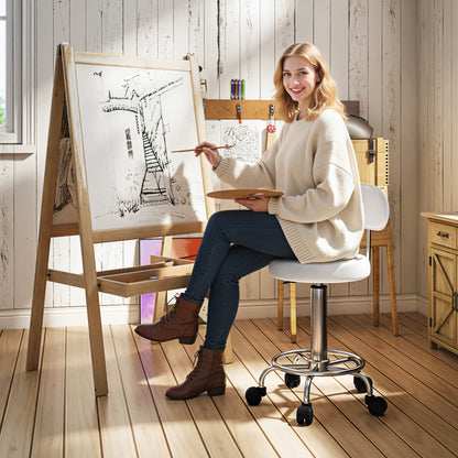 Adjustable Swivel Stool with Wheels & Backrest, White PU Leather — 27.6–33.9 in Height