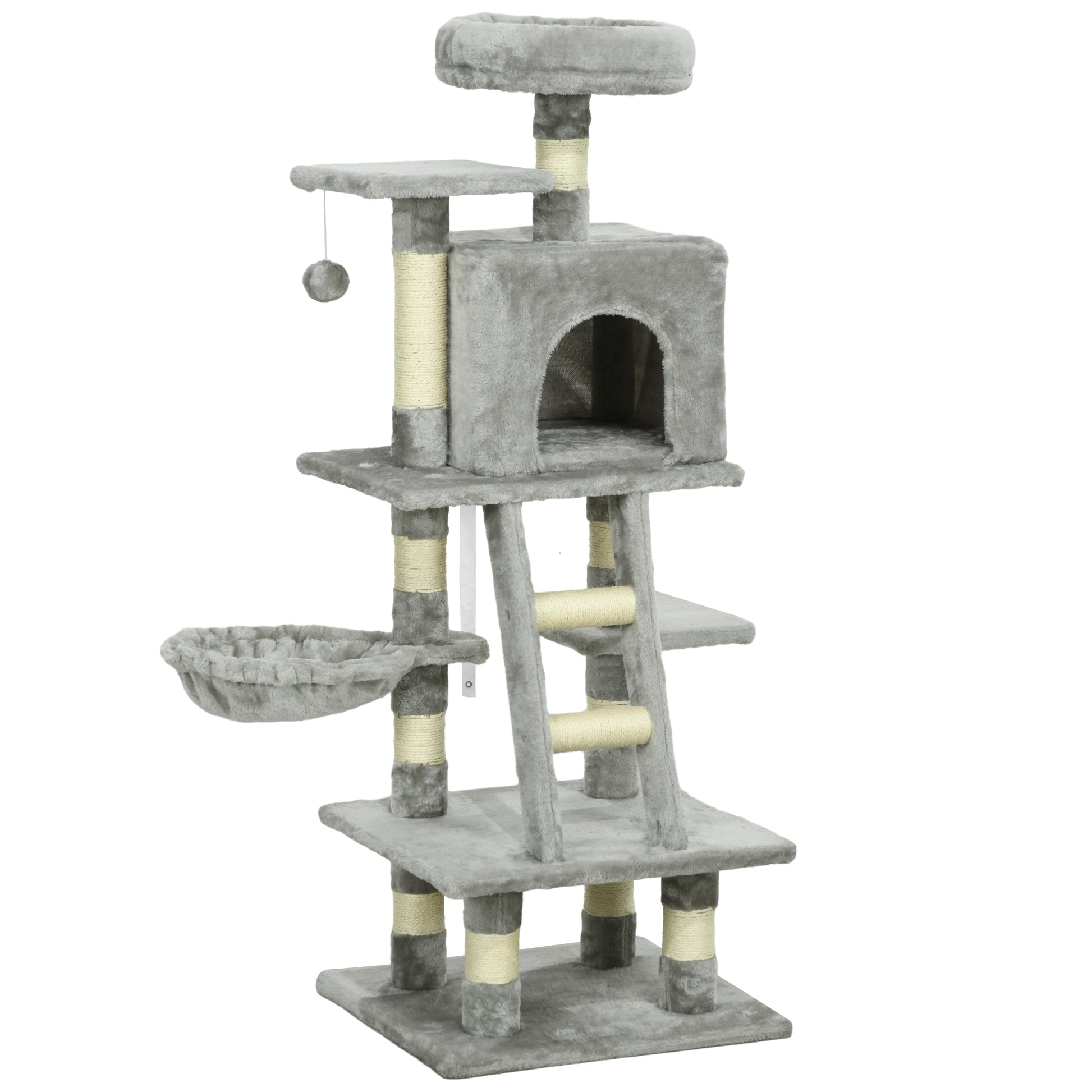 Cat Scratching Post with Cat Cave 132 cm Cat Tree with Hammock Toy Ball, Basket, Climbing Tree for Cats up to 4.5 kg Scratching Furniture, Sisal, Gray