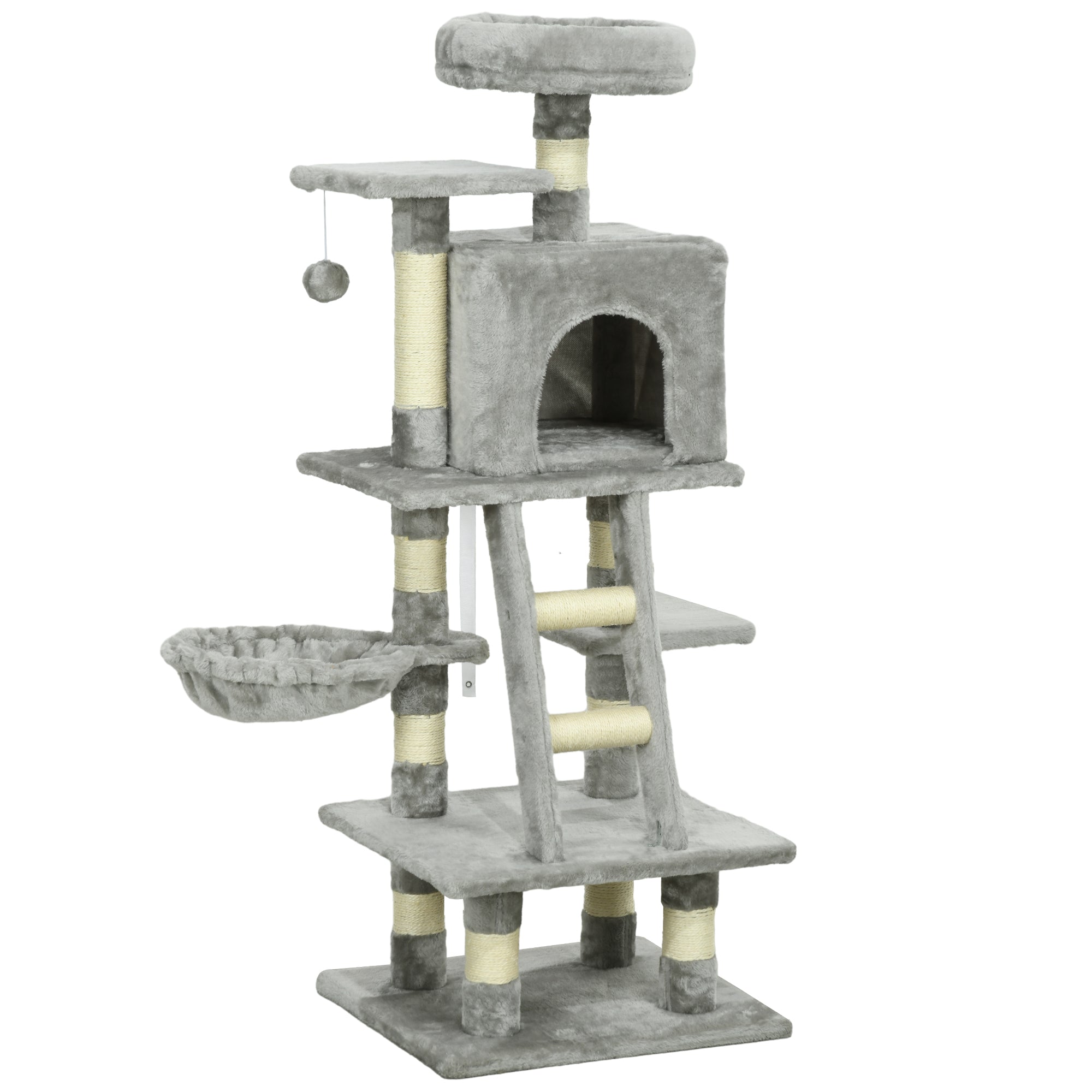 Cat Scratching Post with Cat Cave 132 cm Cat Tree with Hammock Toy Ball, Basket, Climbing Tree for Cats up to 4.5 kg Scratching Furniture, Sisal, Gray
