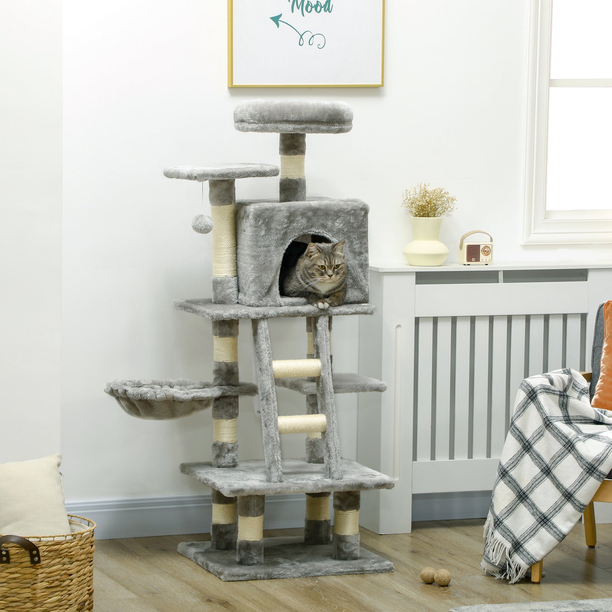 Cat Scratching Post with Cat Cave 132 cm Cat Tree with Hammock Toy Ball, Basket, Climbing Tree for Cats up to 4.5 kg Scratching Furniture, Sisal, Gray