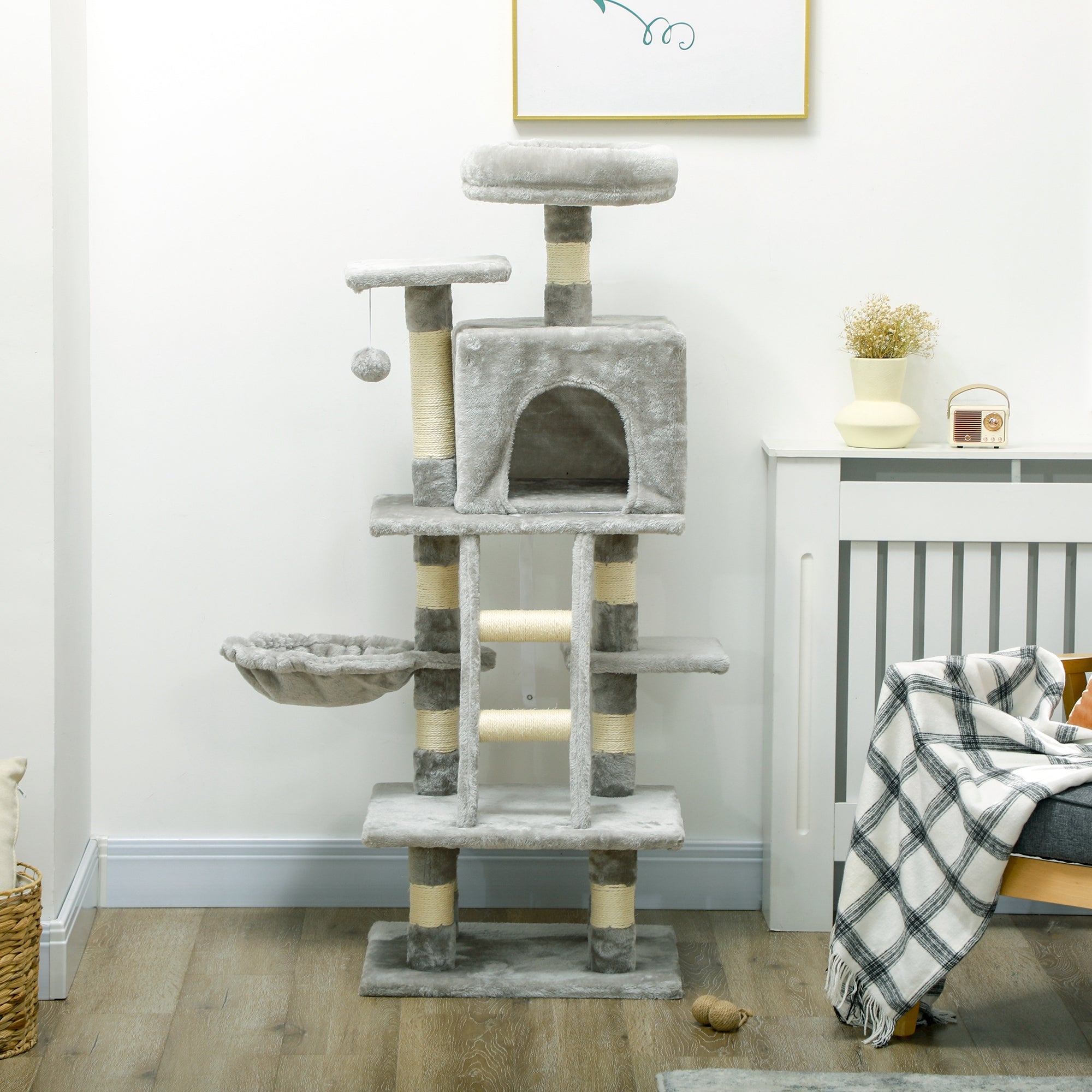 Cat Scratching Post with Cat Cave 132 cm Cat Tree with Hammock Toy Ball, Basket, Climbing Tree for Cats up to 4.5 kg Scratching Furniture, Sisal, Gray