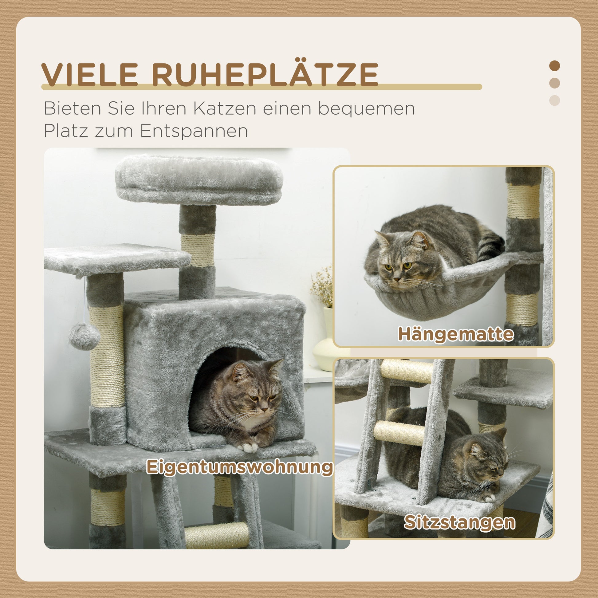 Cat Scratching Post with Cat Cave 132 cm Cat Tree with Hammock Toy Ball, Basket, Climbing Tree for Cats up to 4.5 kg Scratching Furniture, Sisal, Gray