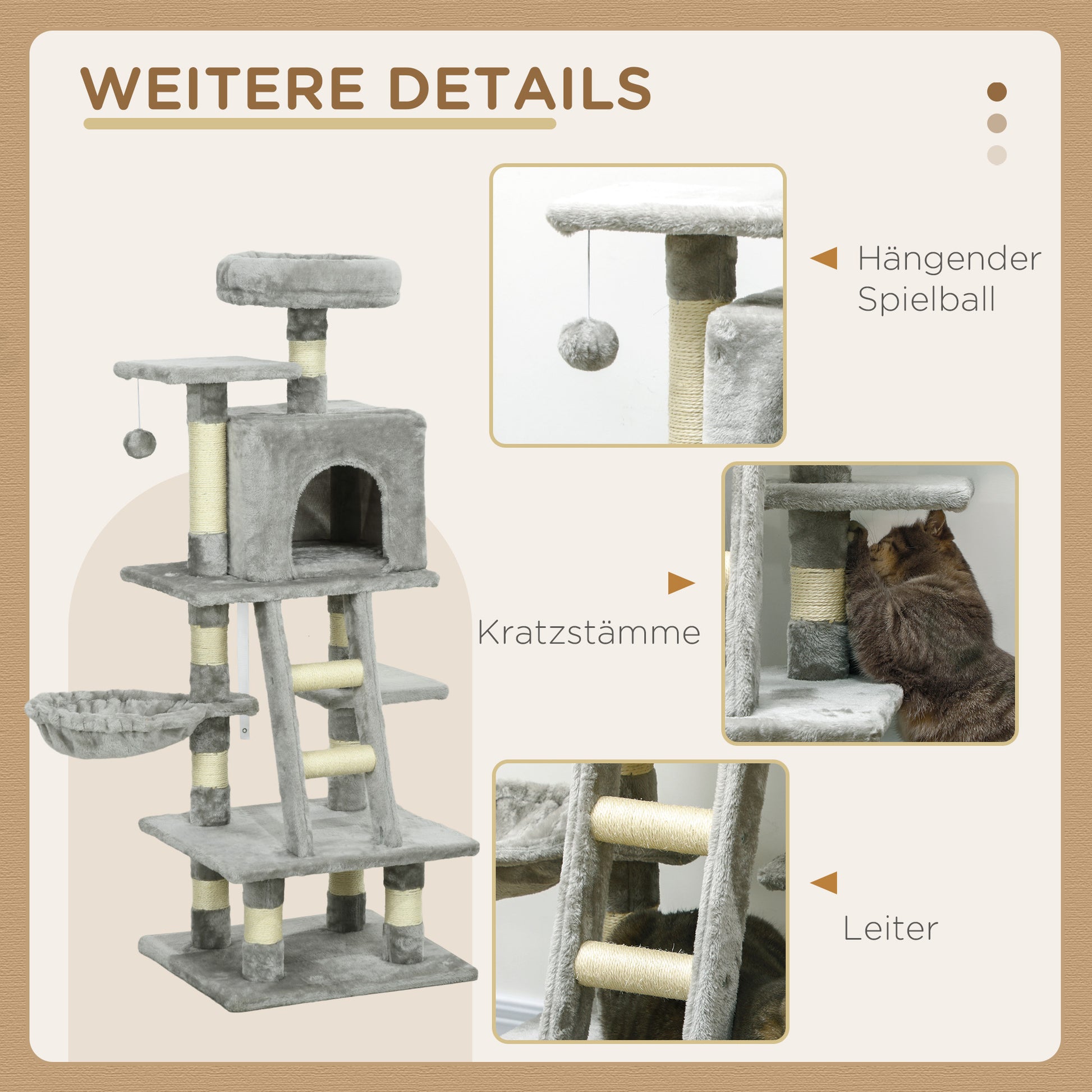 Cat Scratching Post with Cat Cave 132 cm Cat Tree with Hammock Toy Ball, Basket, Climbing Tree for Cats up to 4.5 kg Scratching Furniture, Sisal, Gray