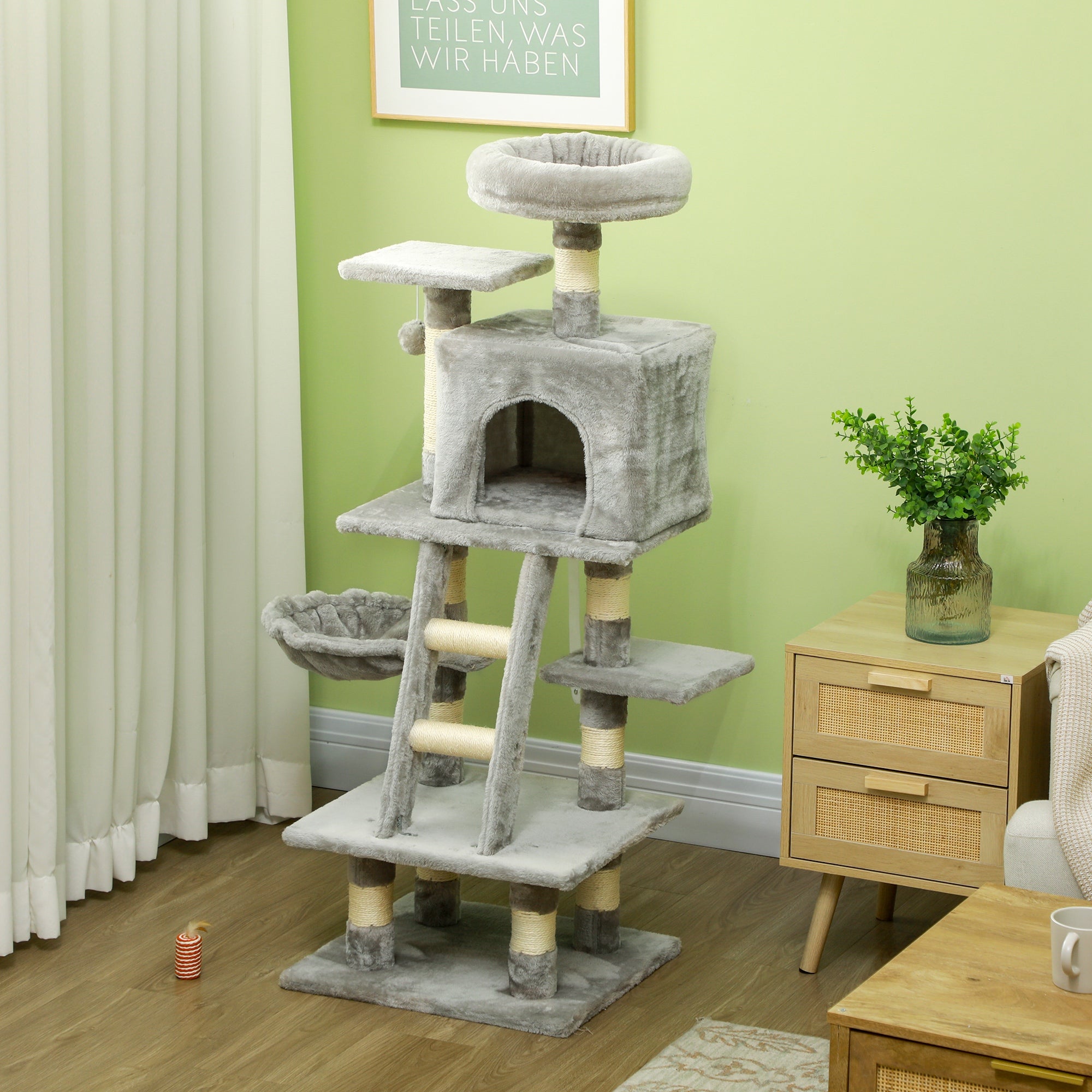 Cat Scratching Post with Cat Cave 132 cm Cat Tree with Hammock Toy Ball, Basket, Climbing Tree for Cats up to 4.5 kg Scratching Furniture, Sisal, Gray