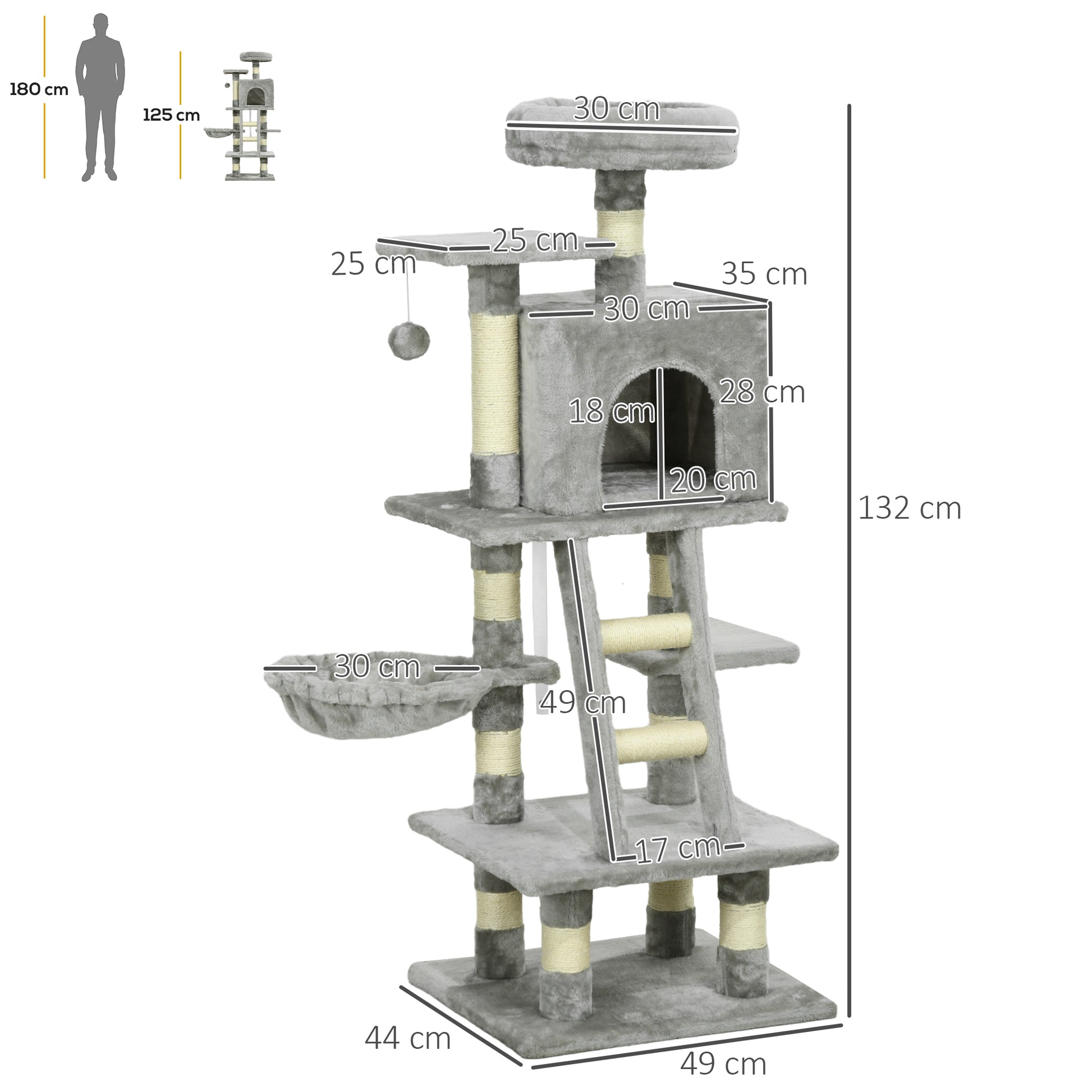 Cat Scratching Post with Cat Cave 132 cm Cat Tree with Hammock Toy Ball, Basket, Climbing Tree for Cats up to 4.5 kg Scratching Furniture, Sisal, Gray