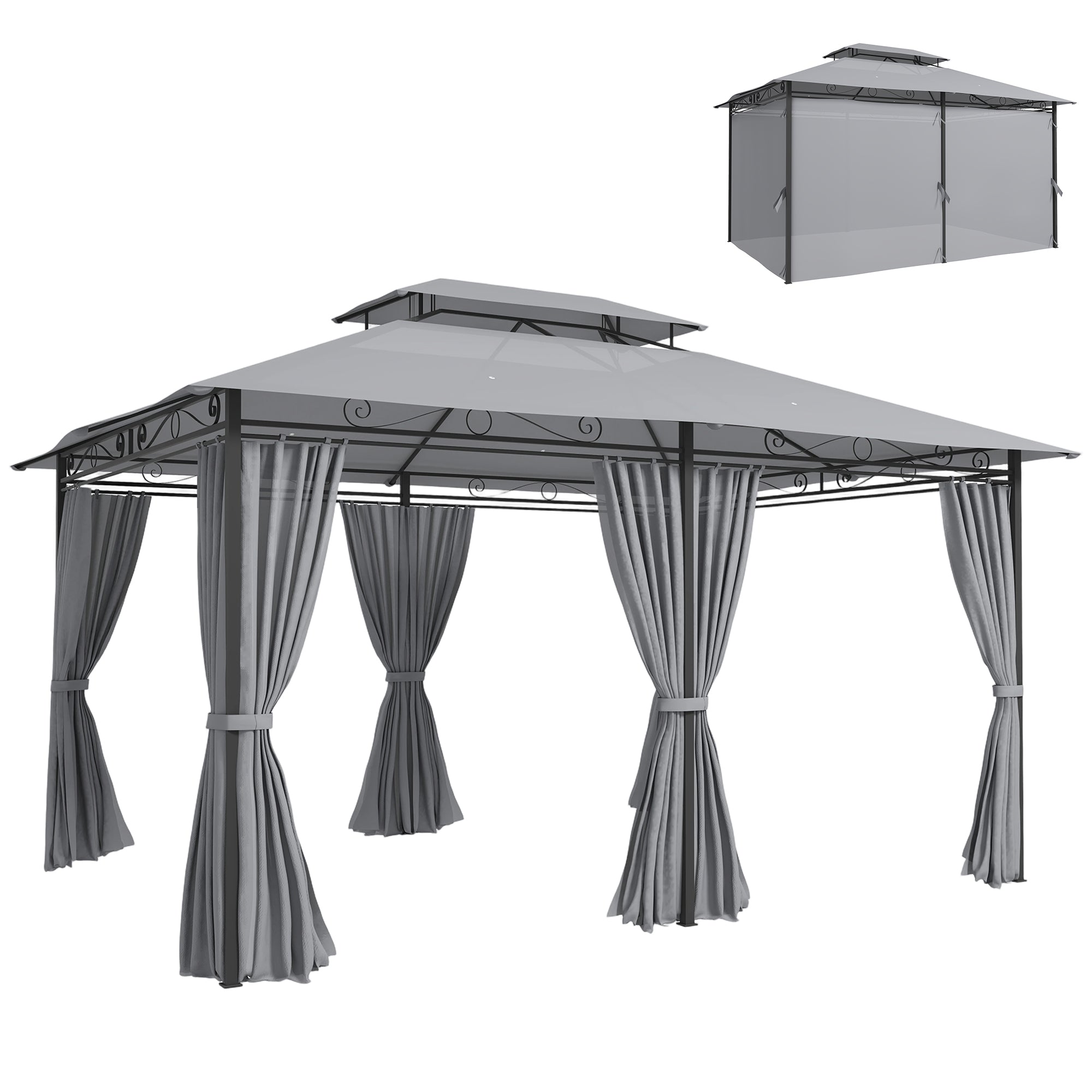 Gazebo 4 x 3 m (13 x 10 ft) — Water-Resistant, Sturdy Metal Pavilion with Double Roof and 6 Side Panels, Dark Gray