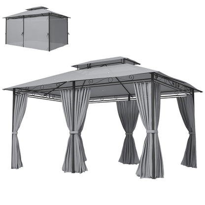 Gazebo 4 x 3 m (13 x 10 ft) — Water-Resistant, Sturdy Metal Pavilion with Double Roof and 6 Side Panels, Dark Gray