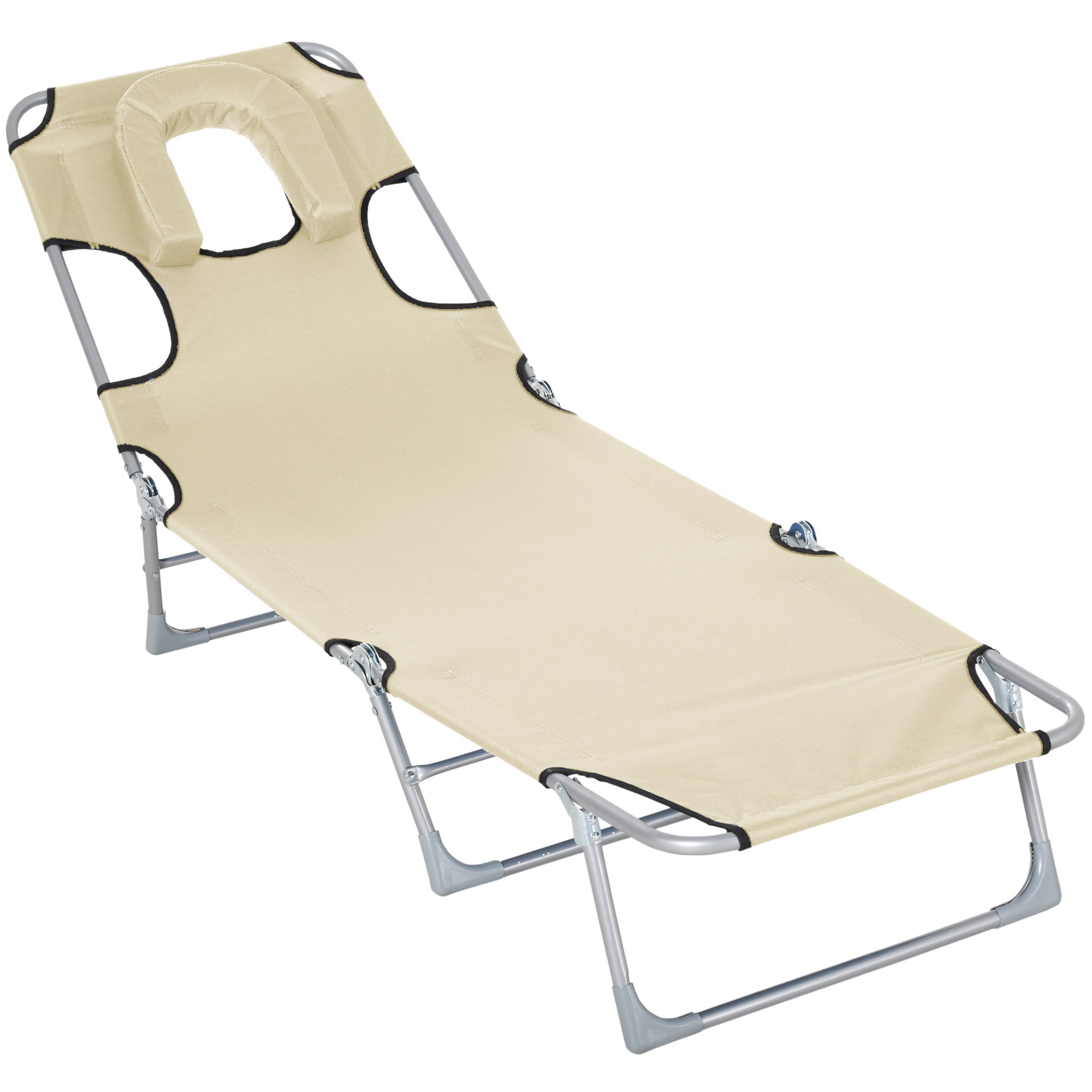 Folding and Reclining Garden Lounger with Reading Hole Headrest and 5-Level Adjustable Back Beach 182x56x28 cm Beige