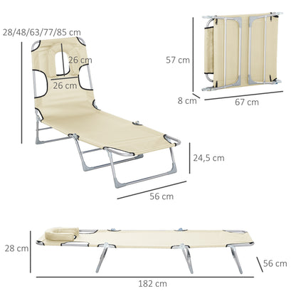 Folding and Reclining Garden Lounger with Reading Hole Headrest and 5-Level Adjustable Back Beach 182x56x28 cm Beige