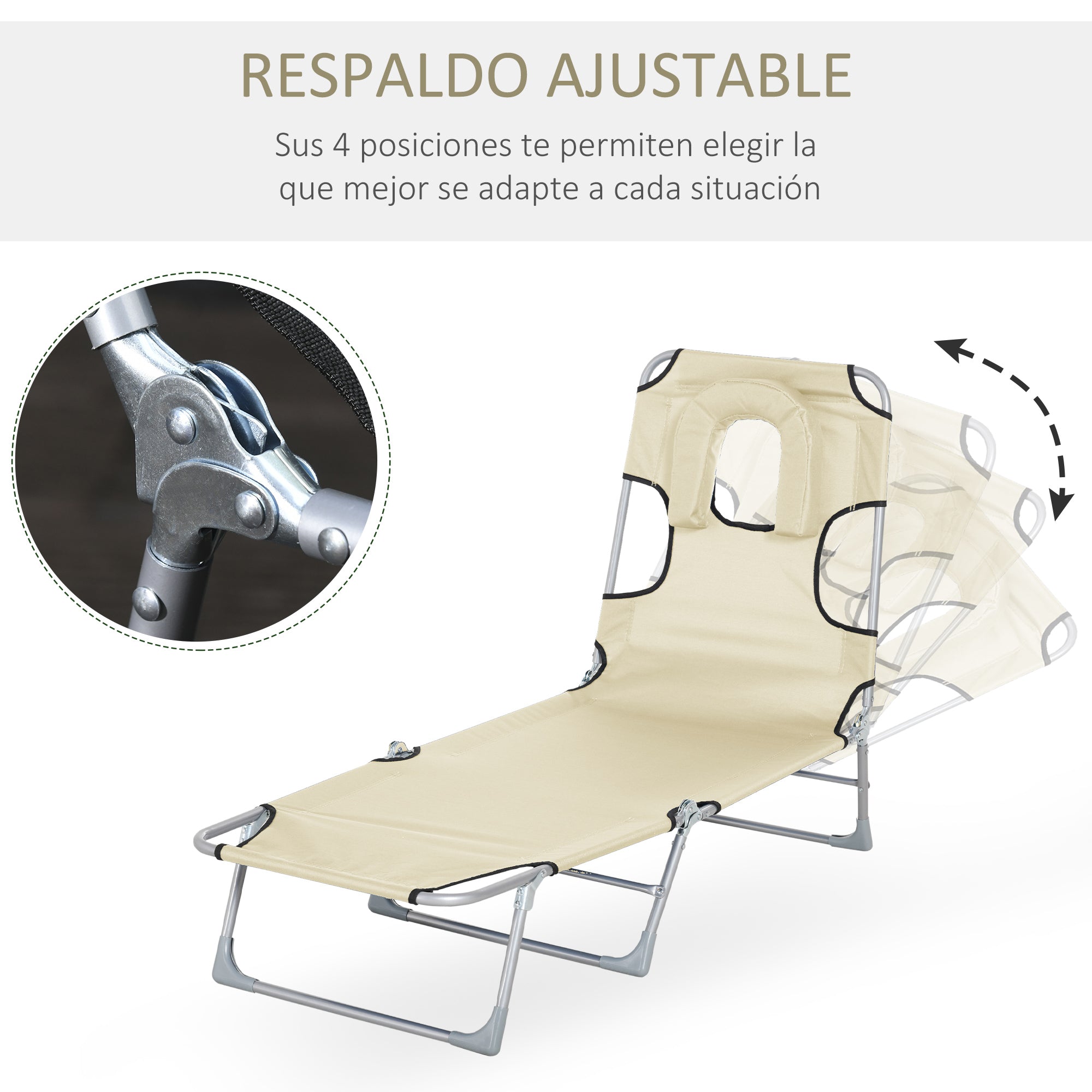 Folding and Reclining Garden Lounger with Reading Hole Headrest and 5-Level Adjustable Back Beach 182x56x28 cm Beige