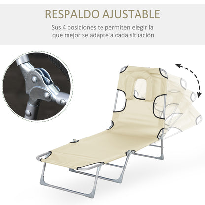 Folding and Reclining Garden Lounger with Reading Hole Headrest and 5-Level Adjustable Back Beach 182x56x28 cm Beige