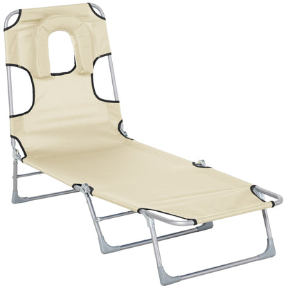Folding and Reclining Garden Lounger with Reading Hole Headrest and 5-Level Adjustable Back Beach 182x56x28 cm Beige