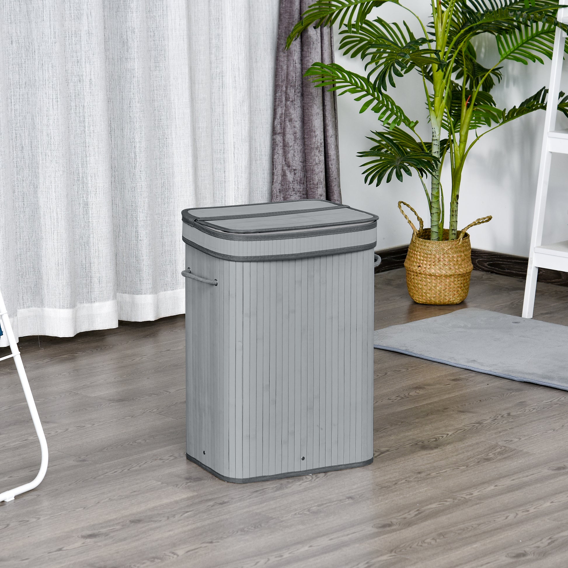 Bamboo Laundry Basket Slim with Lid 70 L Laundry Collector with Handles, Removable Laundry Bag, Laundry Baskets for Laundry Room Bedroom Bathroom Gray