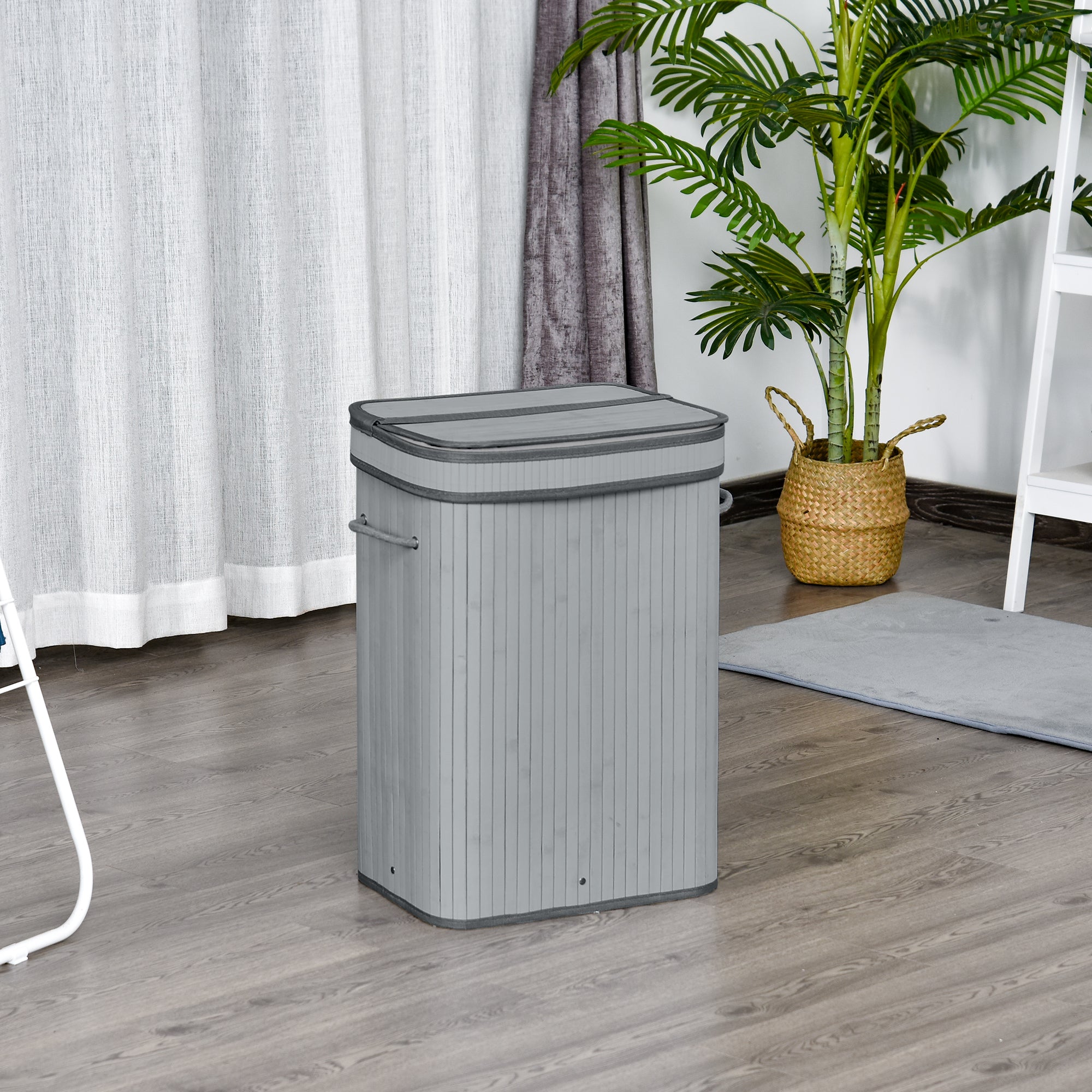 Bamboo Laundry Basket Slim with Lid 70 L Laundry Collector with Handles, Removable Laundry Bag, Laundry Baskets for Laundry Room Bedroom Bathroom Gray