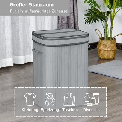 Bamboo Laundry Basket Slim with Lid 70 L Laundry Collector with Handles, Removable Laundry Bag, Laundry Baskets for Laundry Room Bedroom Bathroom Gray