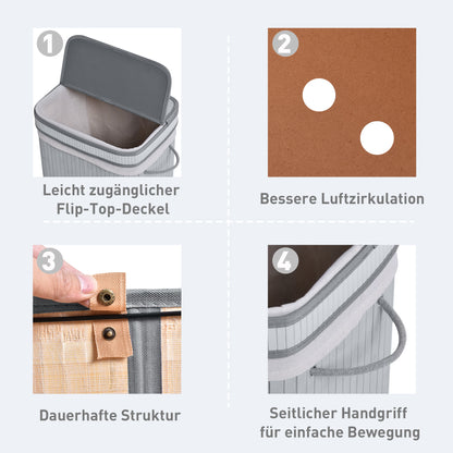 Bamboo Laundry Basket Slim with Lid 70 L Laundry Collector with Handles, Removable Laundry Bag, Laundry Baskets for Laundry Room Bedroom Bathroom Gray