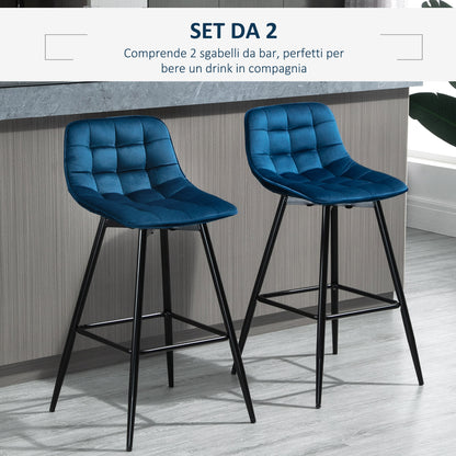 Set of 2 High Bar Stools in Nordic Style with Backrest and Footrest, Bar Stools with Velvet Effect Fabric and Metal, 45x47x88 cm, Blue