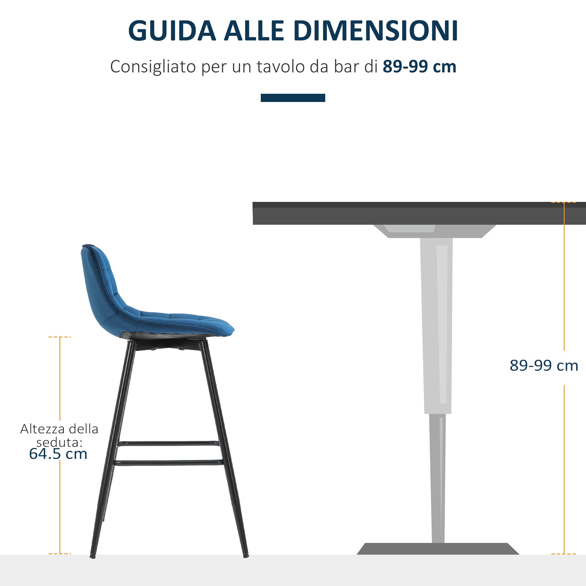 Set of 2 High Bar Stools in Nordic Style with Backrest and Footrest, Bar Stools with Velvet Effect Fabric and Metal, 45x47x88 cm, Blue