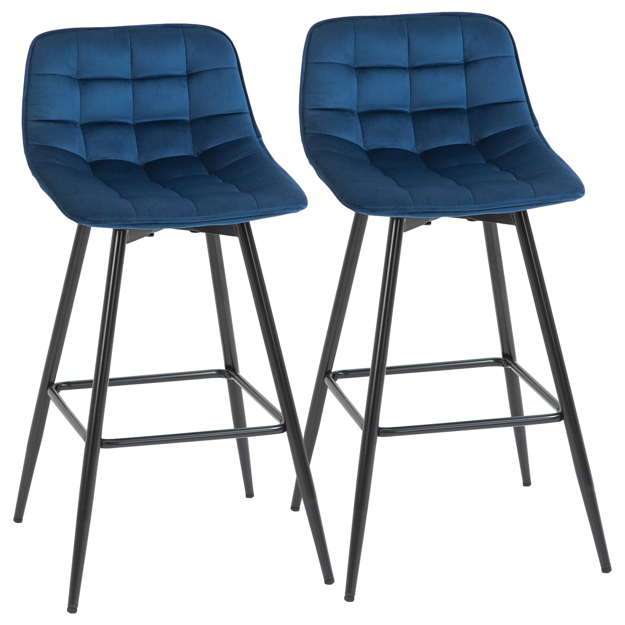 Set of 2 High Bar Stools in Nordic Style with Backrest and Footrest, Bar Stools with Velvet Effect Fabric and Metal, 45x47x88 cm, Blue