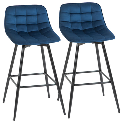Set of 2 High Bar Stools in Nordic Style with Backrest and Footrest, Bar Stools with Velvet Effect Fabric and Metal, 45x47x88 cm, Blue
